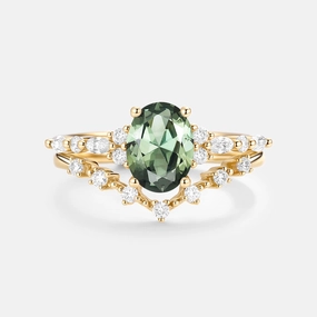 Oval Cut Lab Green Sapphire Classic Engagement Ring Set 2pcs Artistic Highlight