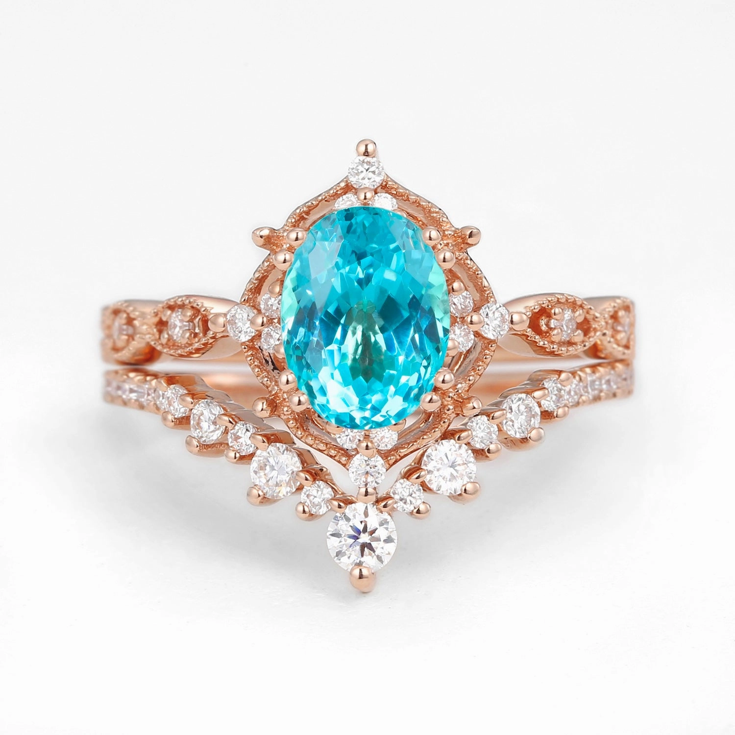 Fine Look Fine Ornament Oval Cut Lab Paraiba Signature Vintage Ring Set 2pcs - Charlotte
