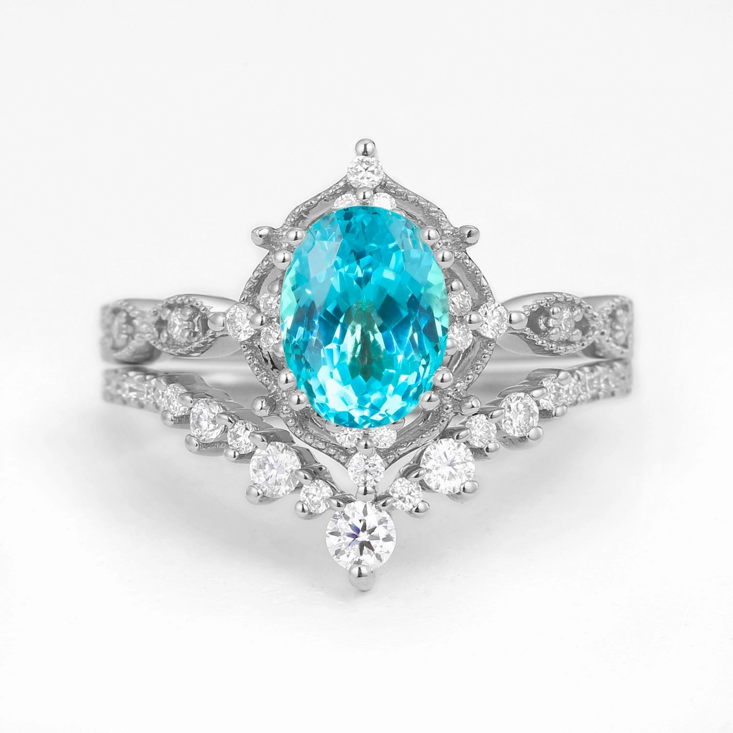 Gift Ready Meaningful Accessory Oval Cut Lab Paraiba Signature Vintage Ring Set 2pcs - Charlotte