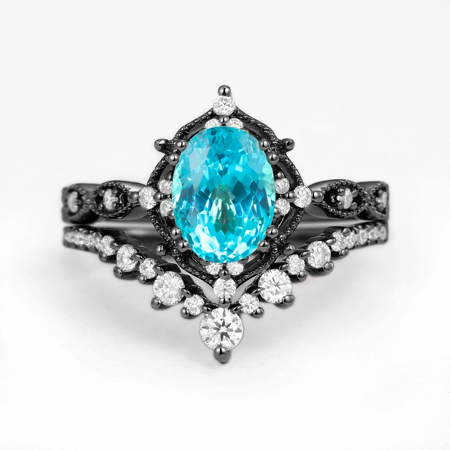 Designer Object Oval Cut Lab Paraiba Signature Vintage Ring Set 2pcs - Charlotte