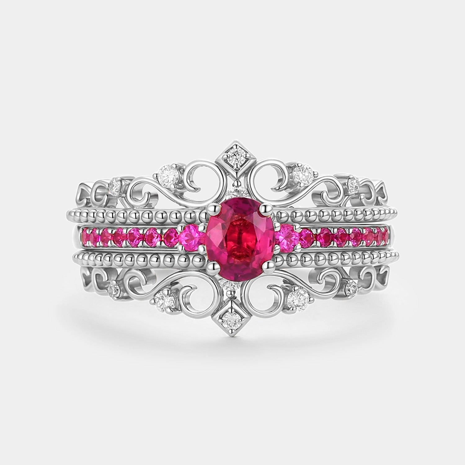 Oval Cut Lab Ruby Antique Engagemetn Ring Set 3pcs - Mae Glow Effect High-End Article