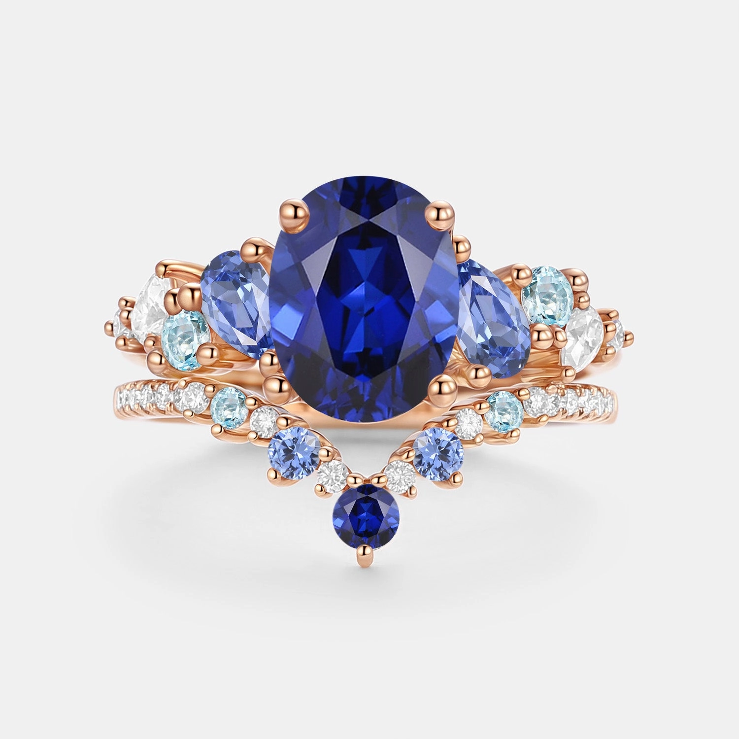 Oval Cut Lab Sapphire Cluster Engagement Ring Sets 2pcs - Nebula Timeless Sparkle