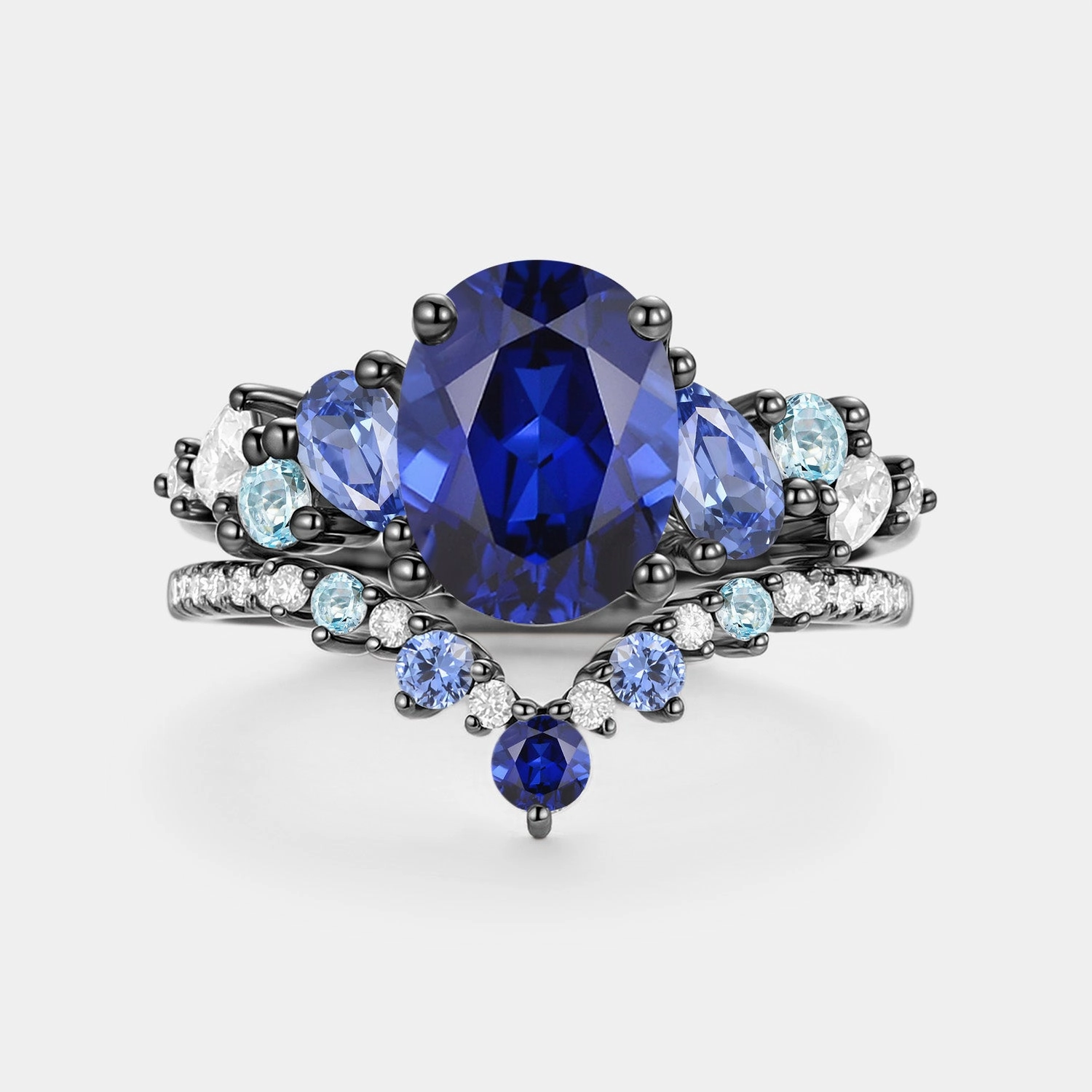 Oval Cut Lab Sapphire Cluster Engagement Ring Sets 2pcs - Nebula Celebration Gift Universal Fit