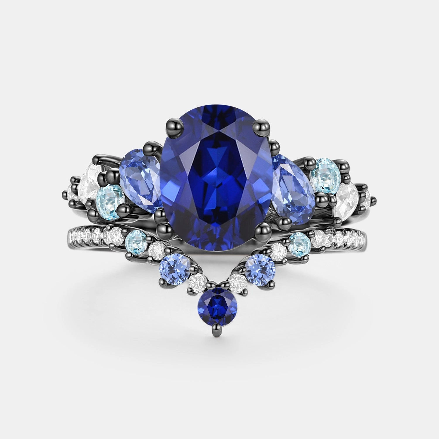 Oval Cut Lab Sapphire Cluster Engagement Ring Sets 2pcs - Nebula Bridal Touch Shiny Pieces