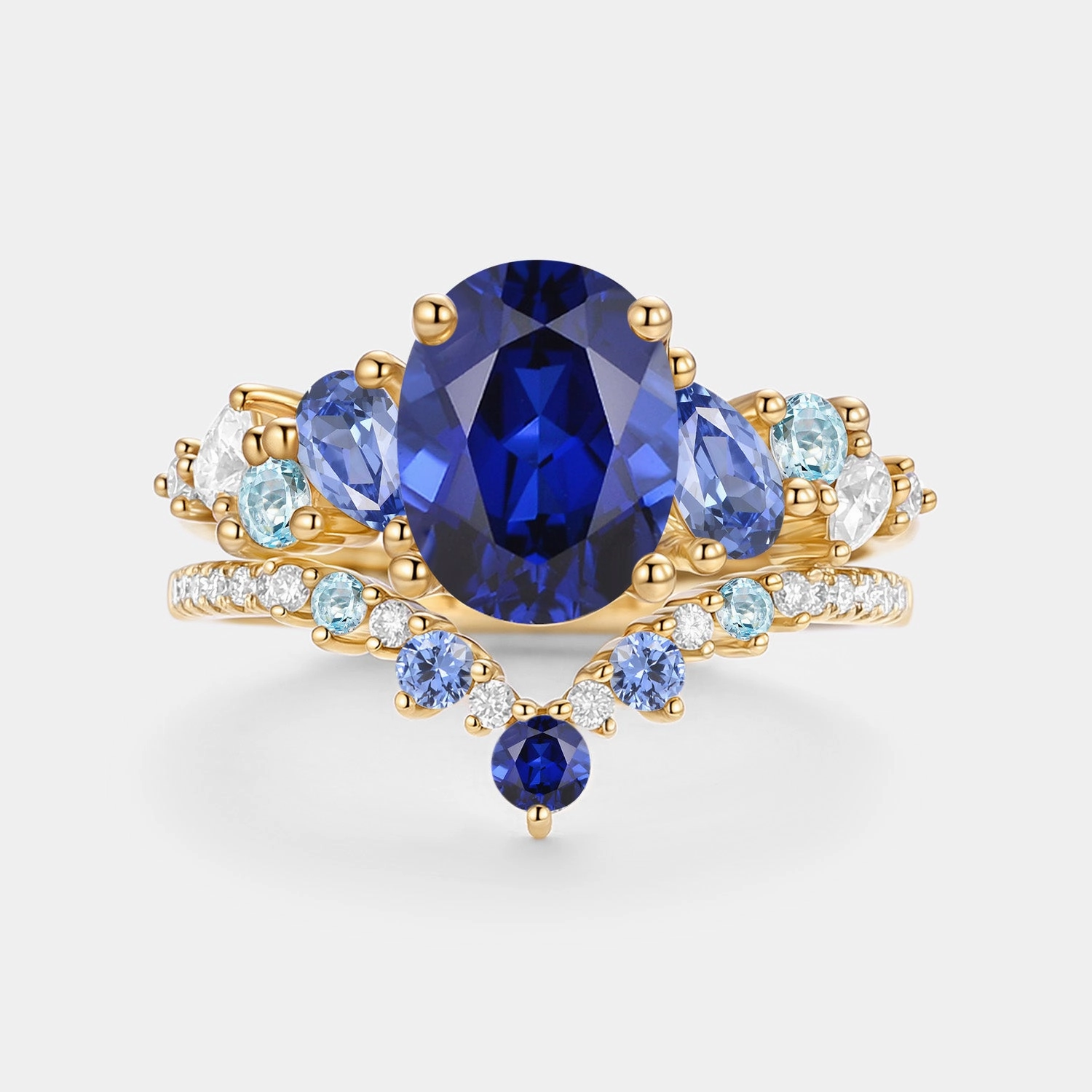 Oval Cut Lab Sapphire Cluster Engagement Ring Sets 2pcs - Nebula Low-Cost Jewelry Meaningful Appearance