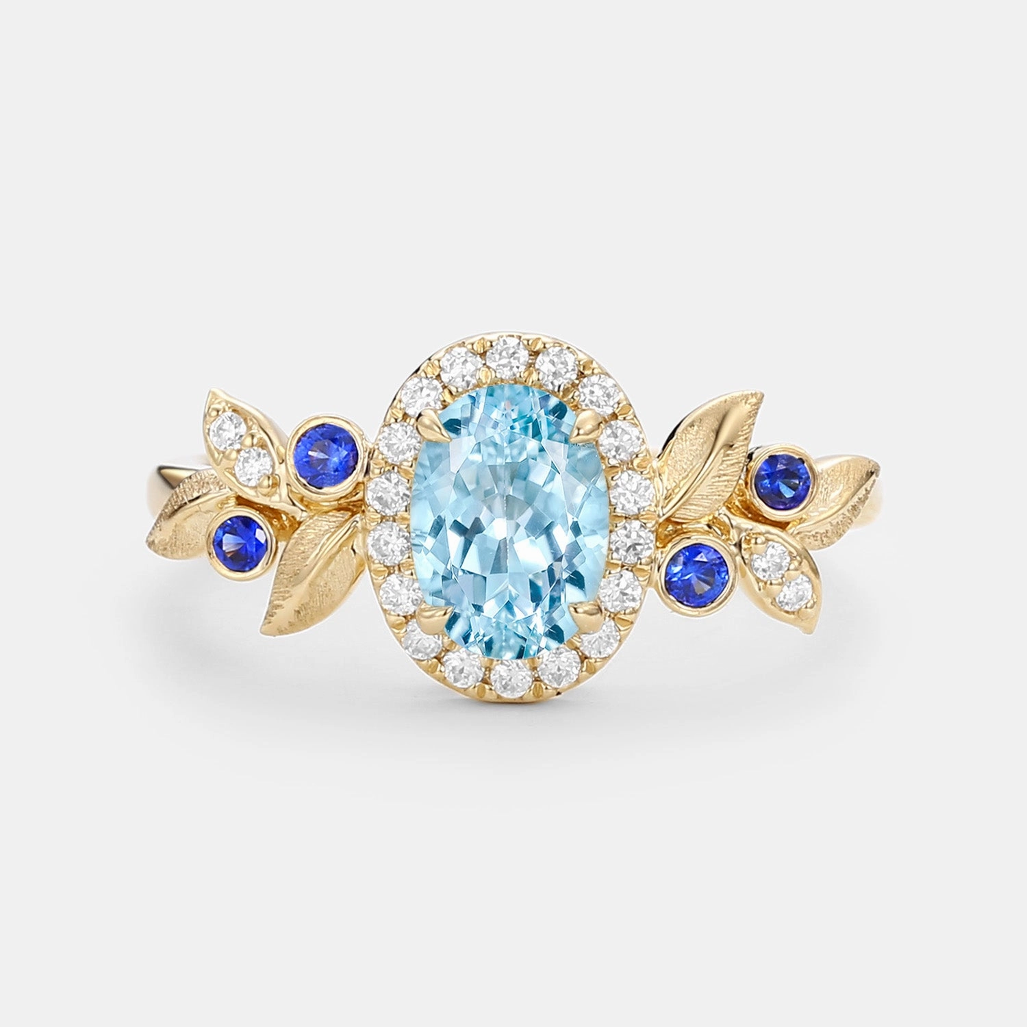 Elegant Shine Finish Gleaming Shine Oval Cut Leafy Aquamarine Halo Engagement Ring - Vireo