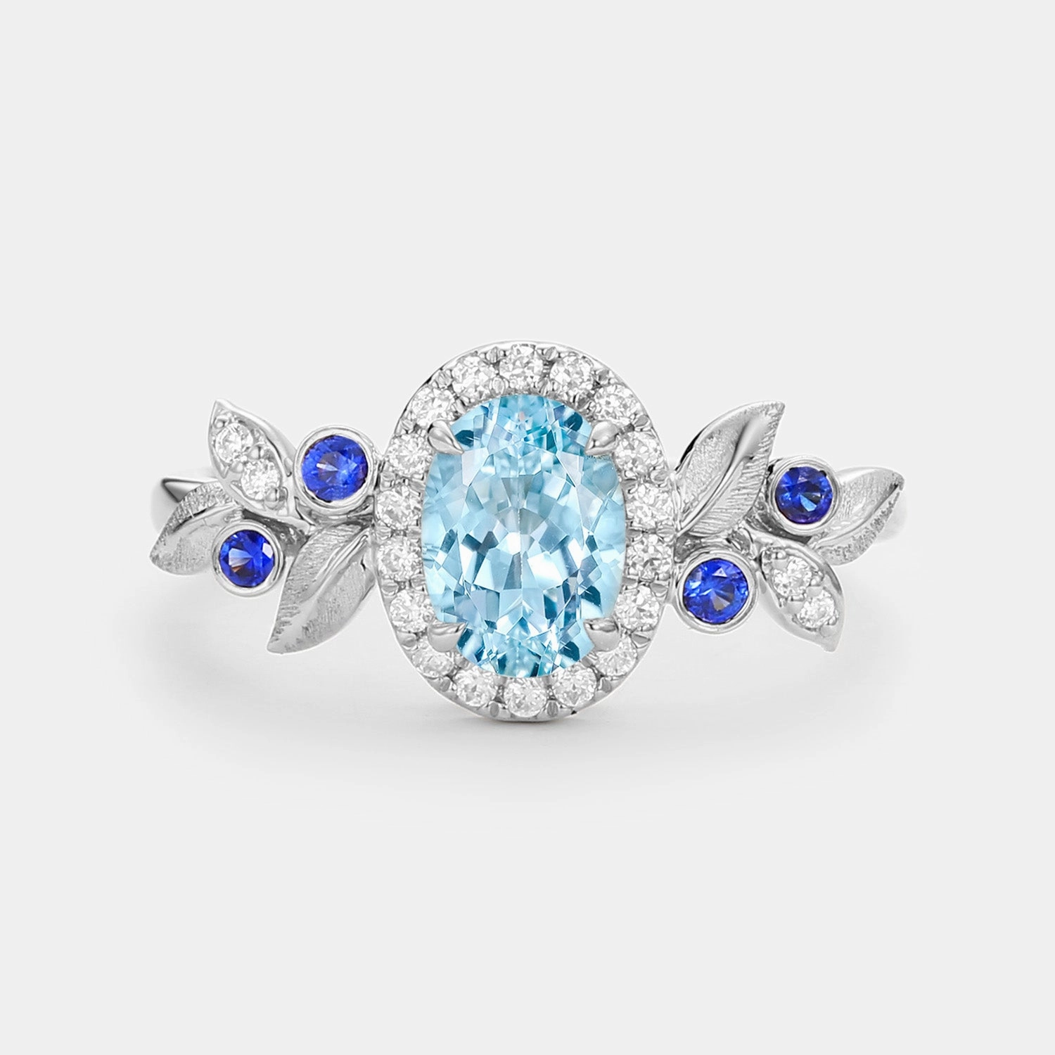 Custom Measurement Oval Cut Leafy Aquamarine Halo Engagement Ring - Vireo