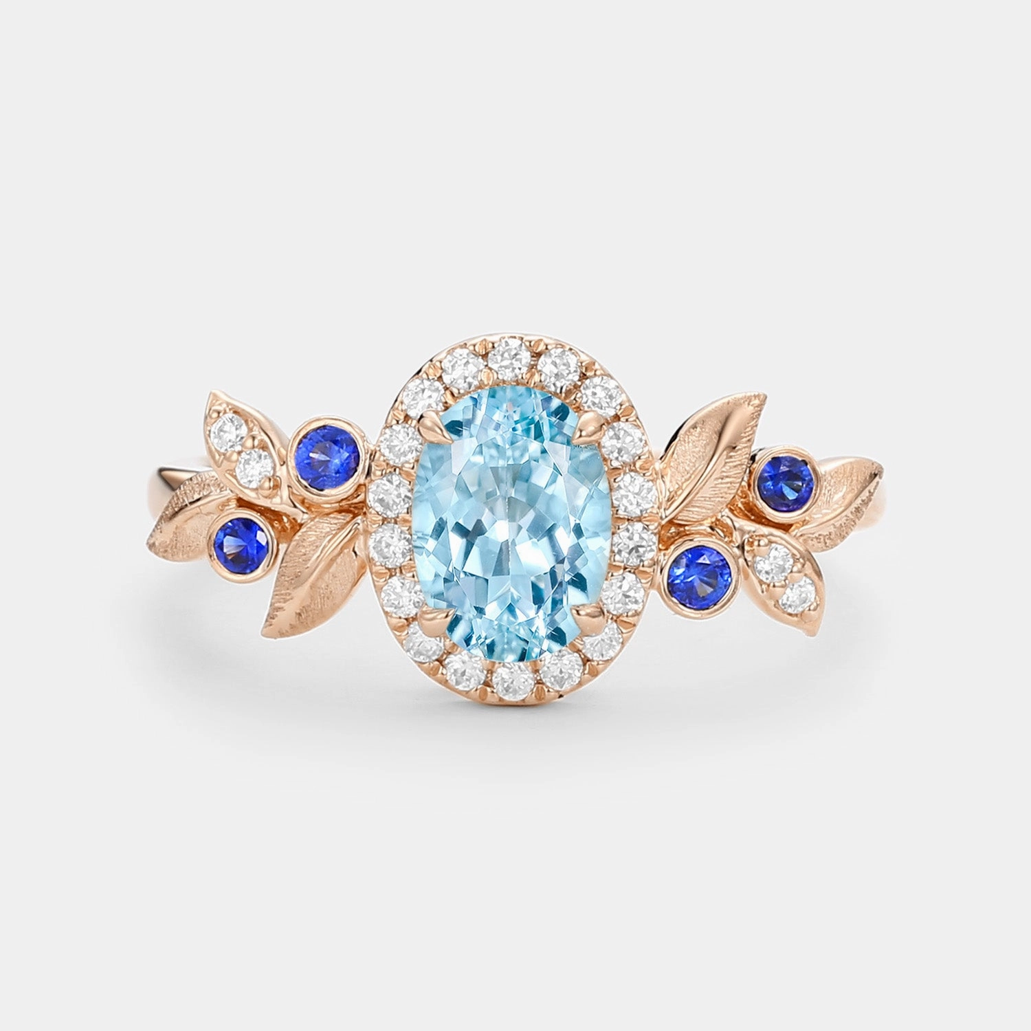 All Year Minimal Glimmer Oval Cut Leafy Aquamarine Halo Engagement Ring - Vireo