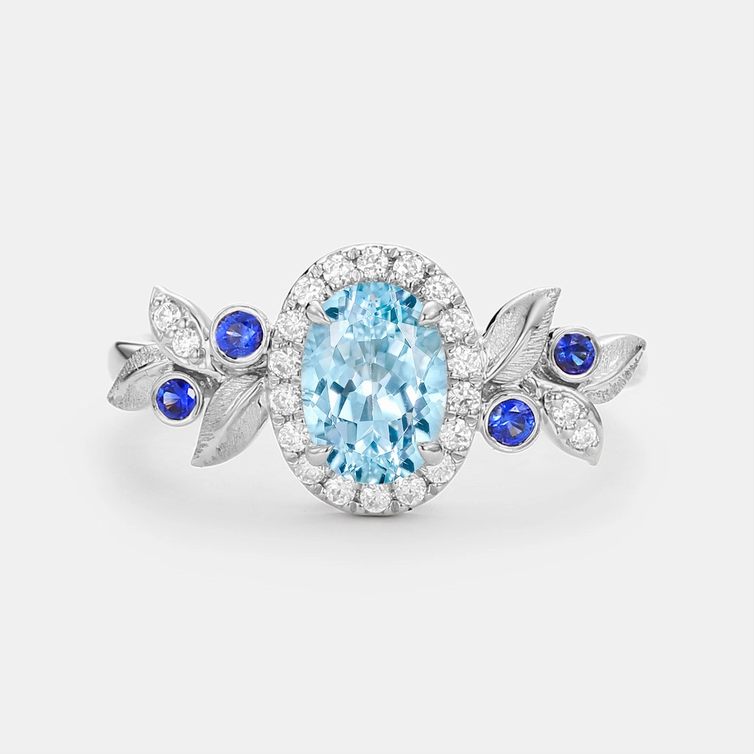 Glamour Effect Evening Accessory Oval Cut Leafy Aquamarine Halo Engagement Ring - Vireo