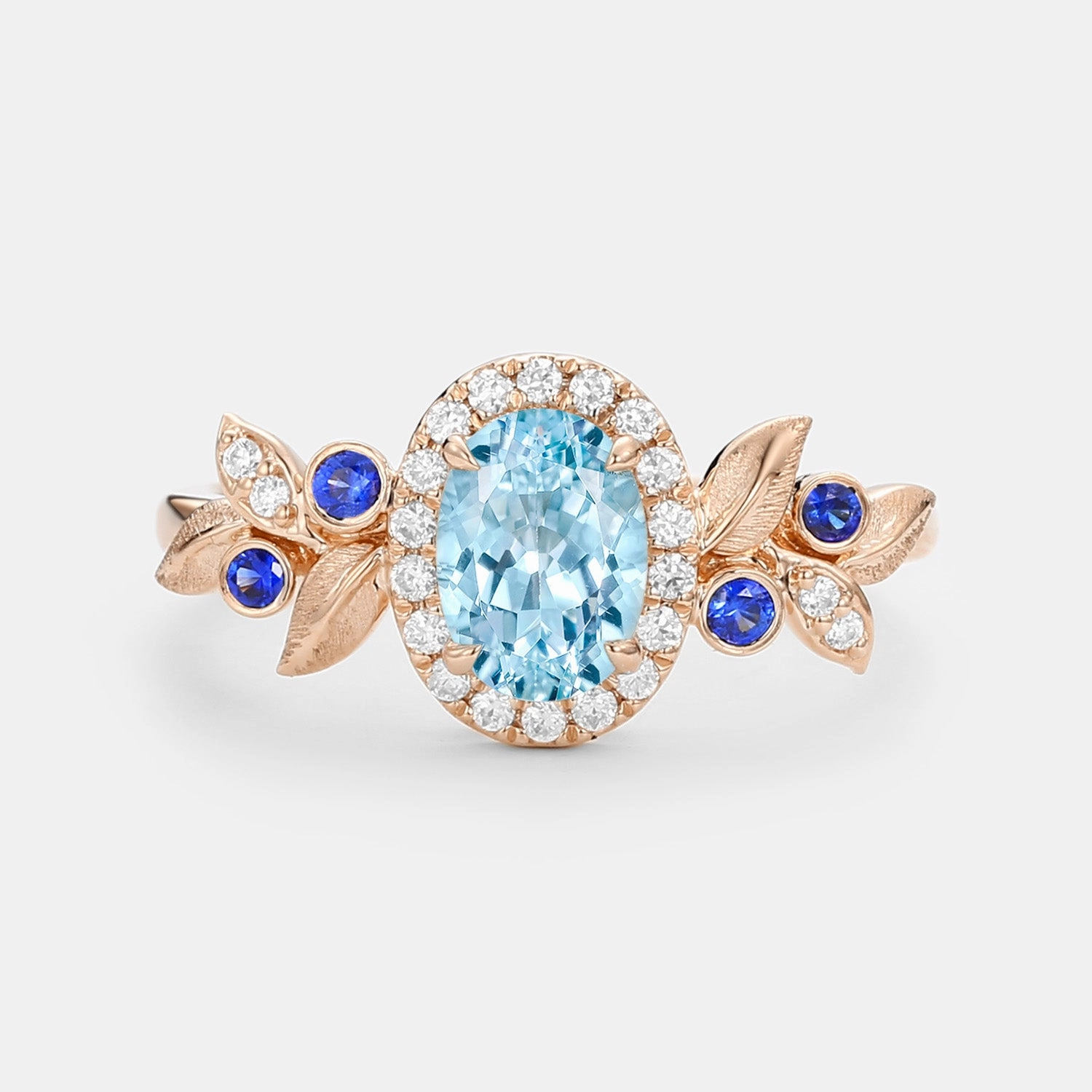 Oval Cut Leafy Aquamarine Halo Engagement Ring - Vireo Glam Style Gift For Her