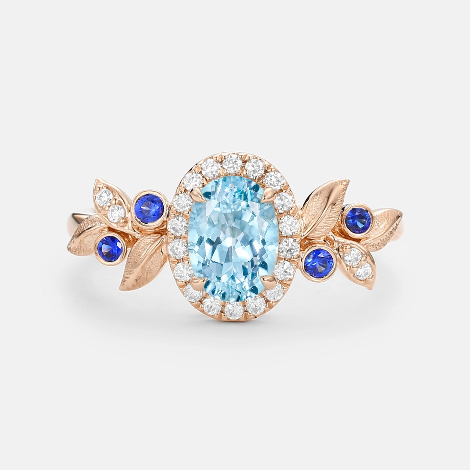 Shiny Craft Oval Cut Leafy Aquamarine Halo Engagement Ring - Vireo