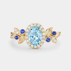 Elegant Shine Finish Gleaming Shine Oval Cut Leafy Aquamarine Halo Engagement Ring - Vireo