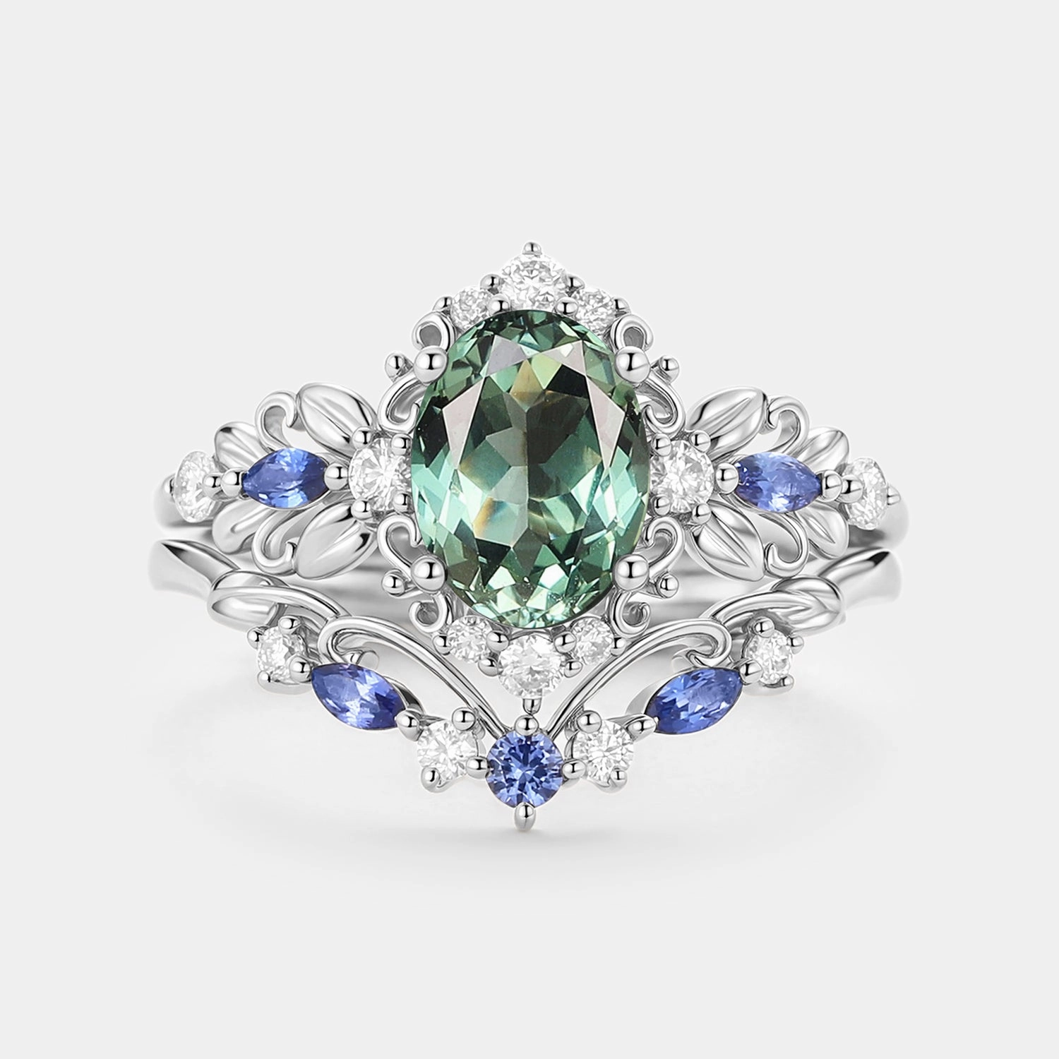 Oval Cut Leafy Lab Green Sapphire Engagement Ring Set 2pcs - Viriditas Budget Ornament Elegant Craft