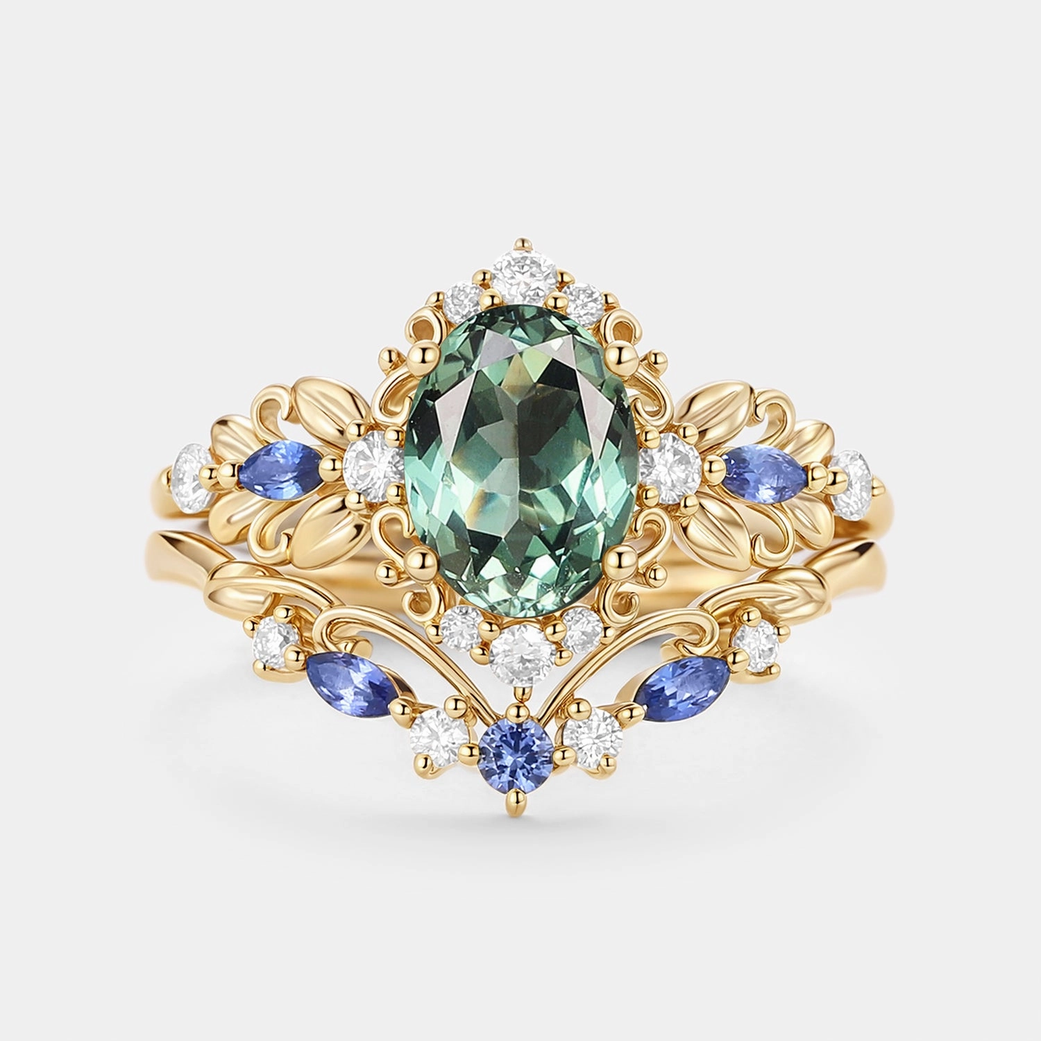 Oval Cut Leafy Lab Green Sapphire Engagement Ring Set 2pcs - Viriditas Father??s Day