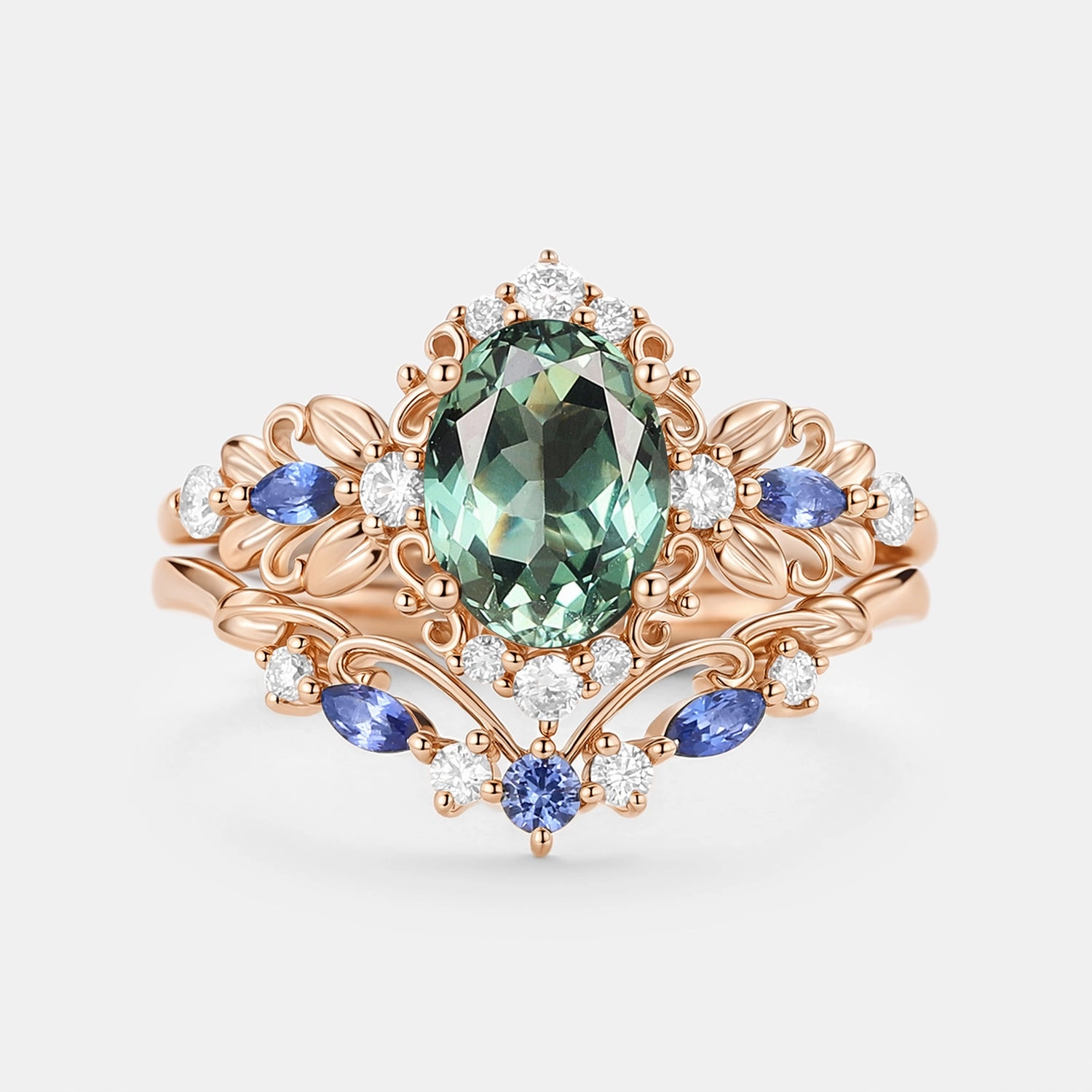 Expressive Style Shiny Features Oval Cut Leafy Lab Green Sapphire Engagement Ring Set 2pcs - Viriditas