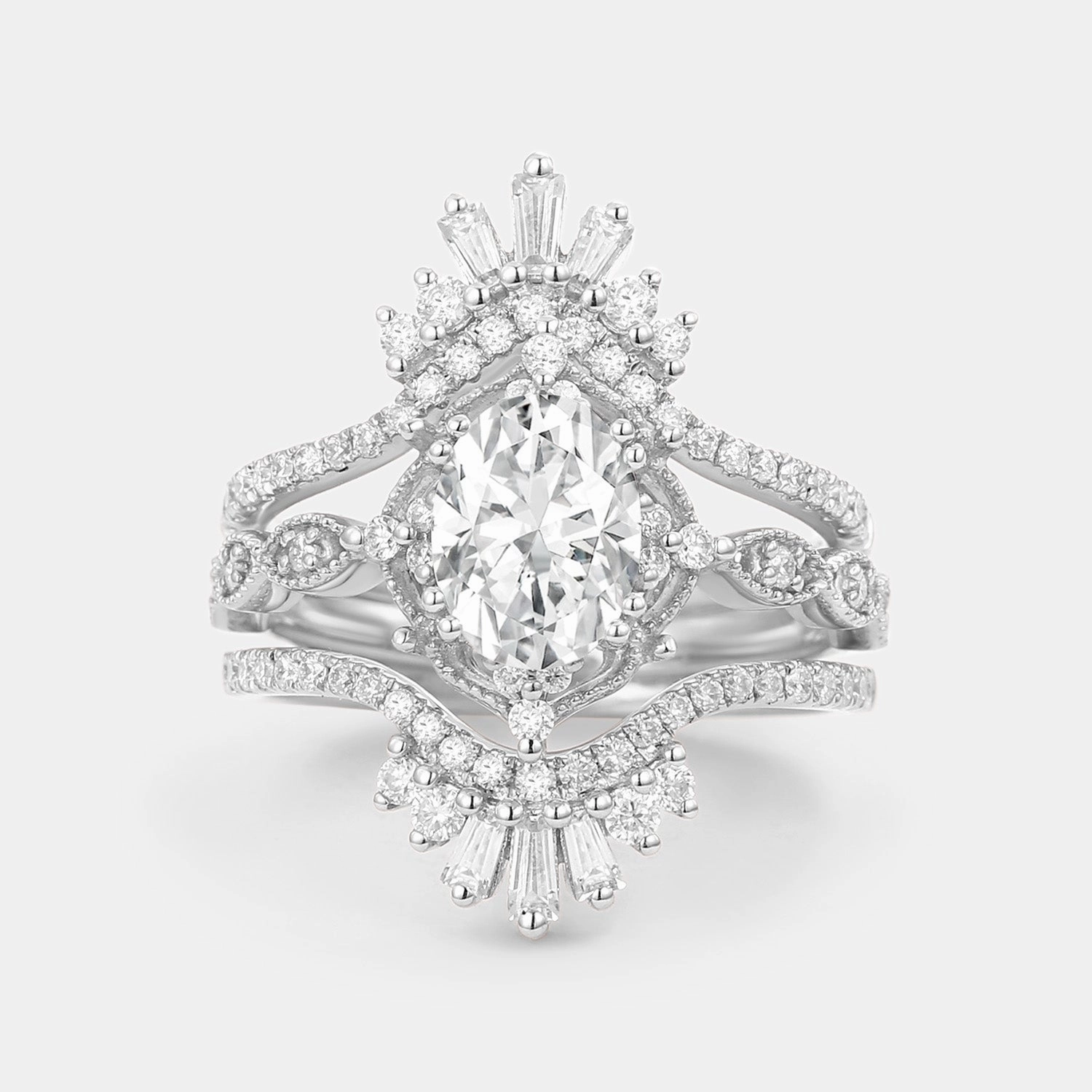 Oval Cut Moissanite Cage Flower Ring Set 2pcs Unique Features