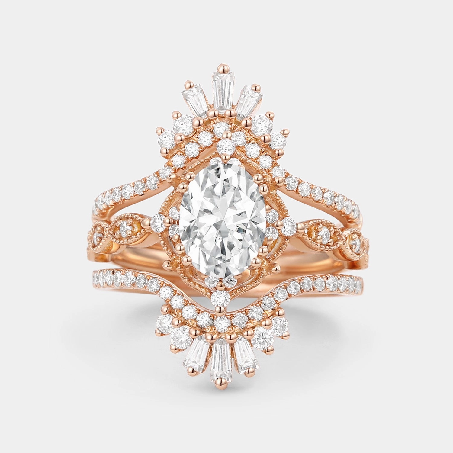 Oval Cut Moissanite Cage Flower Ring Set 2pcs Eternal Piece Office Gift