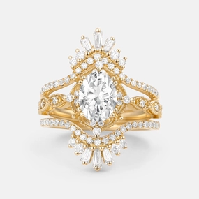 Oval Cut Moissanite Cage Flower Ring Set 2pcs Gloss Layer