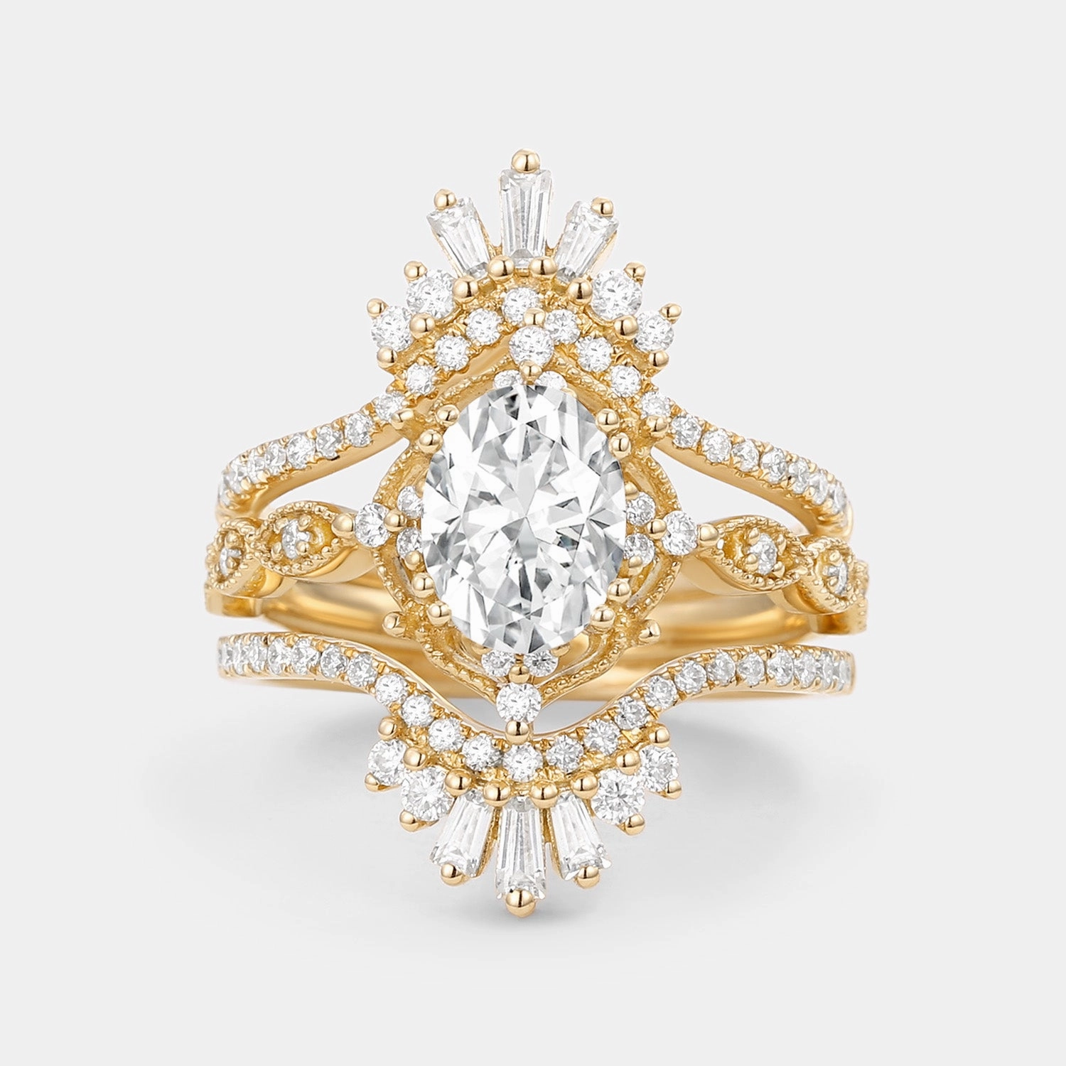 Delicate Embellishment Oval Cut Moissanite Cage Flower Ring Set 2pcs