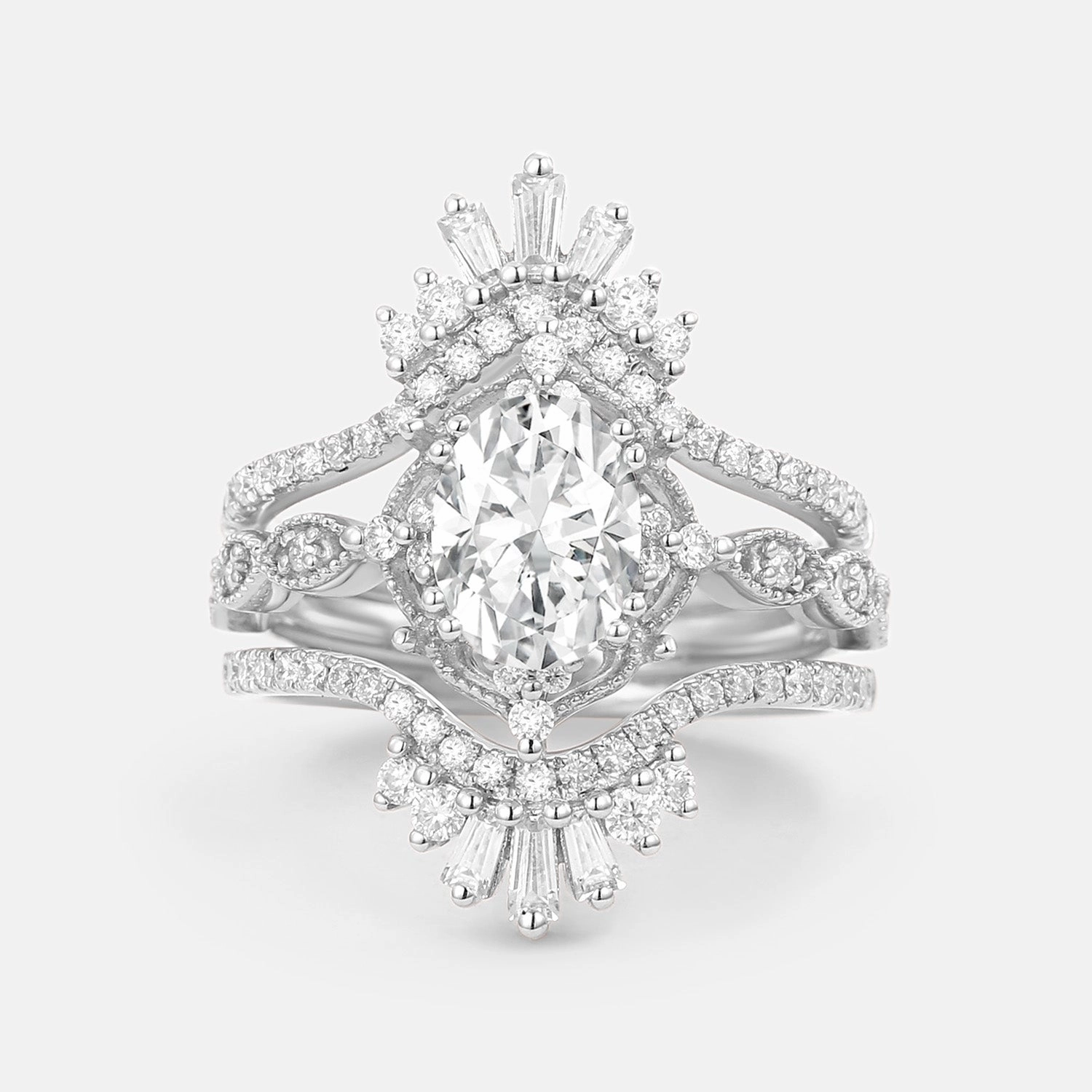 Oval Cut Moissanite Cage Flower Ring Set 2pcs Bridal Set