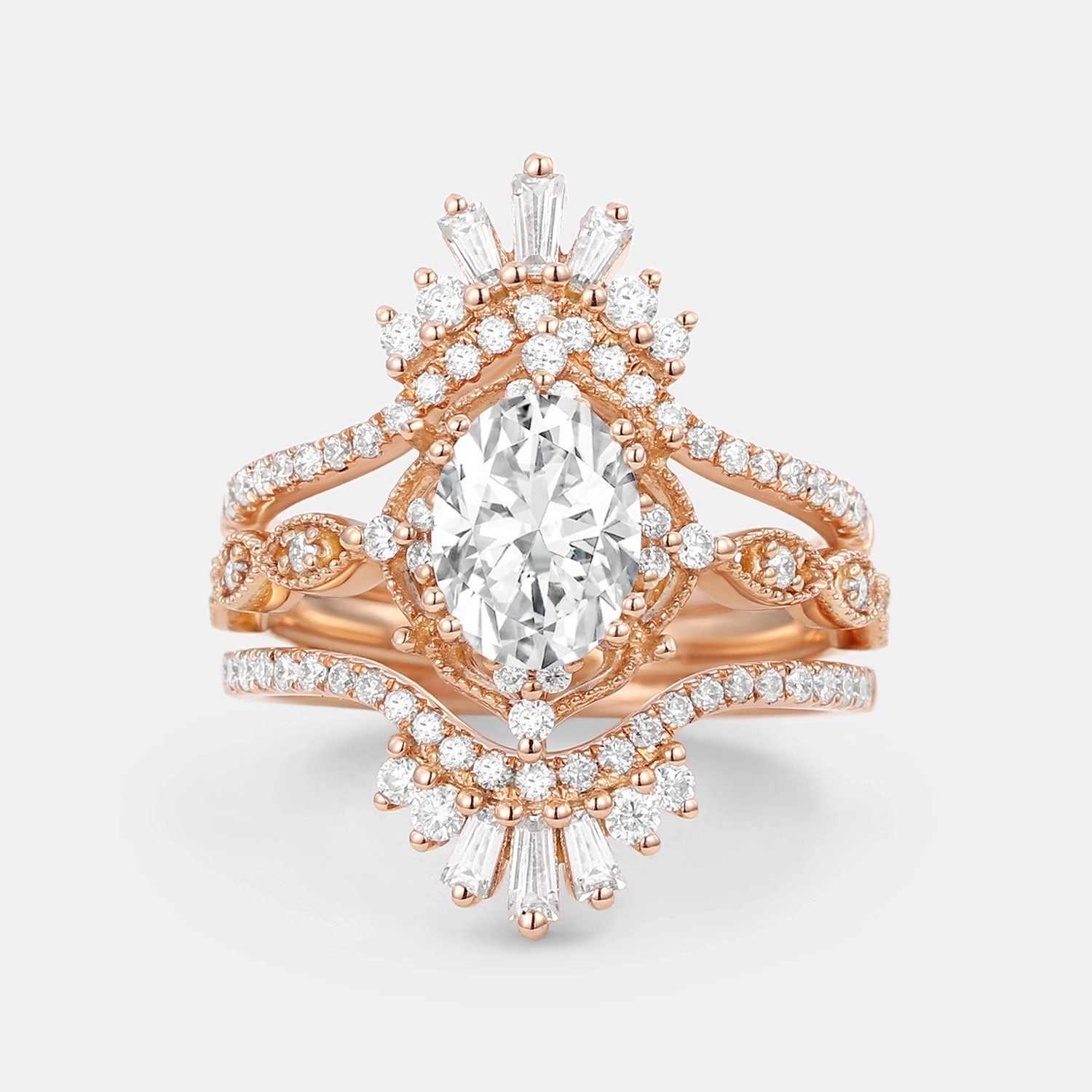 Oval Cut Moissanite Cage Flower Ring Set 2pcs Urban Accent