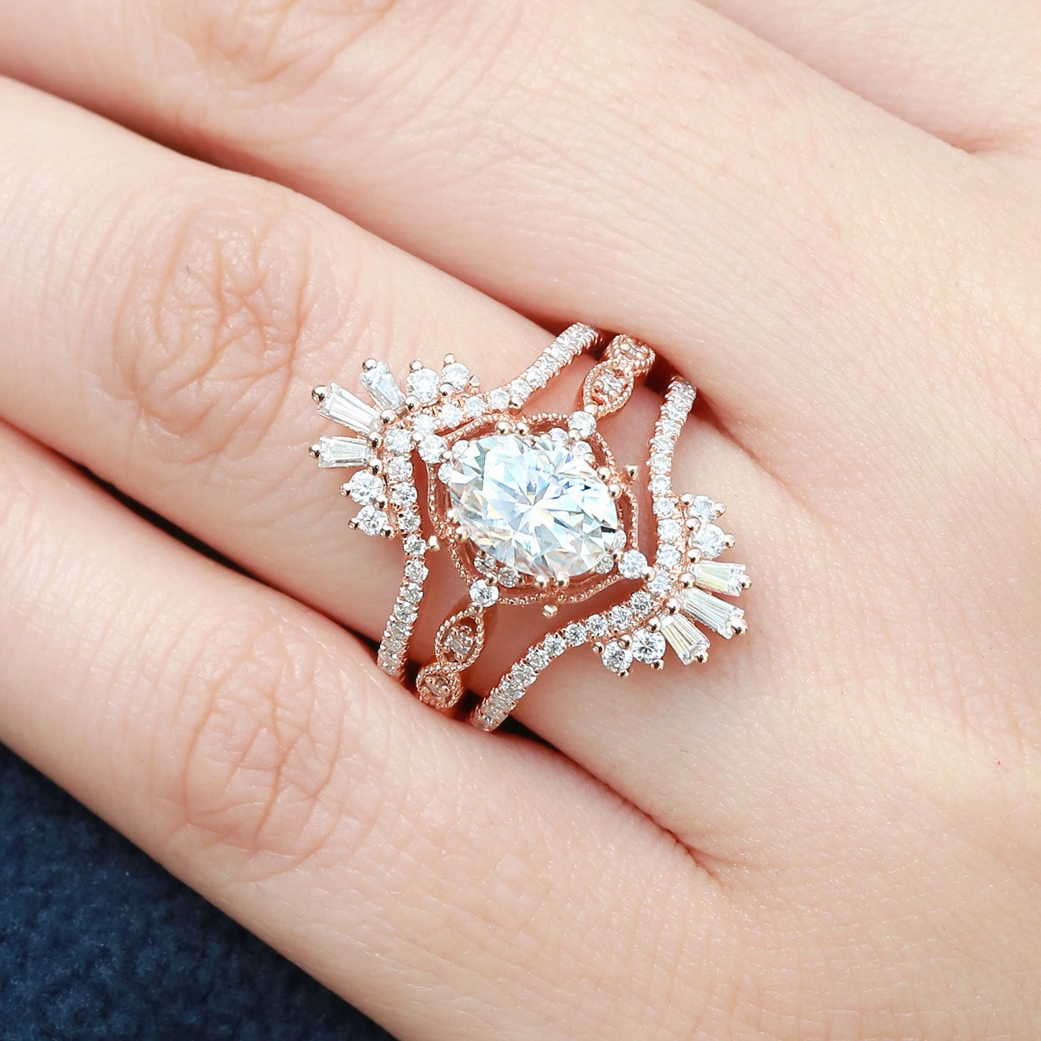 Oval Cut Moissanite Cage Flower Ring Set 2pcs Creative Glance