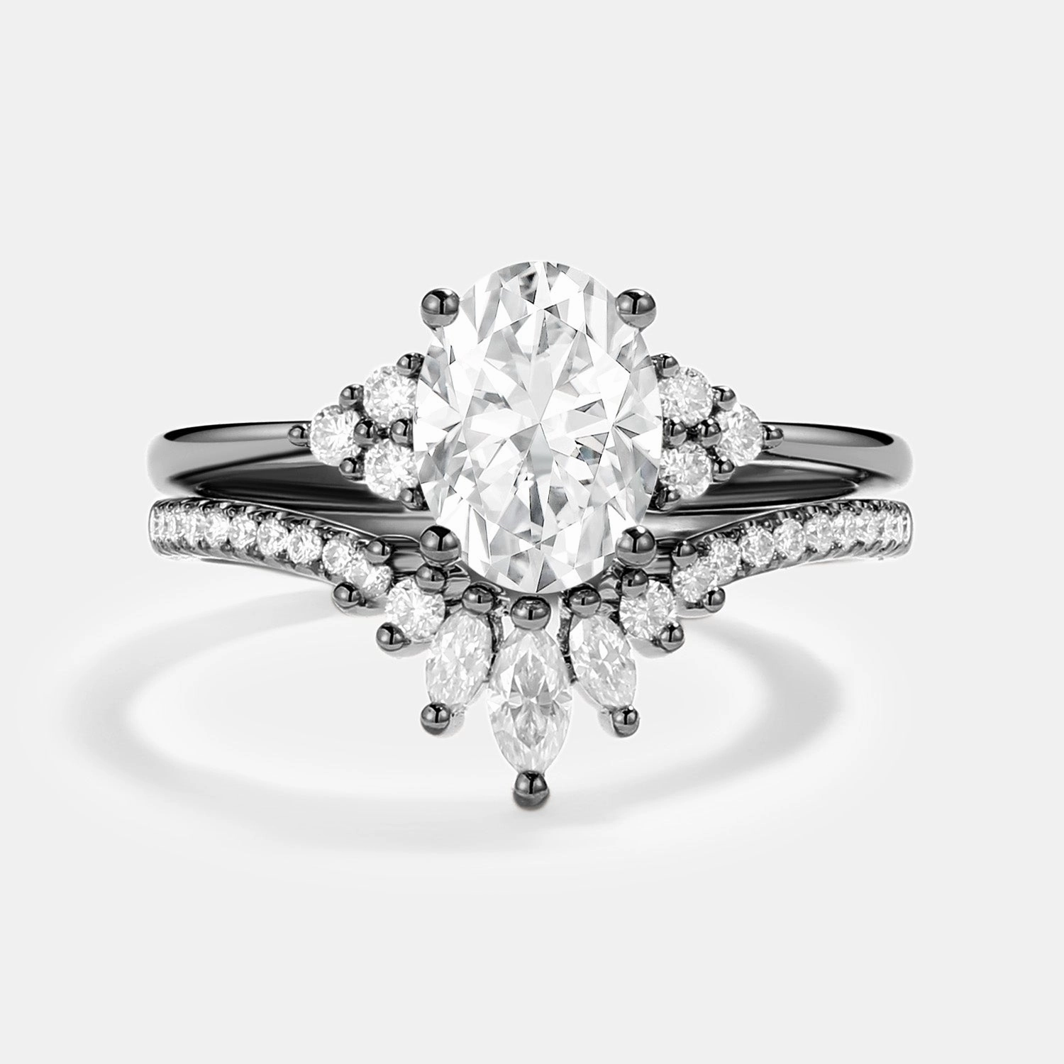 Classic Vibe Oval Cut Moissanite Classic Cluster Gold Ring Set 2pcs - Lydia