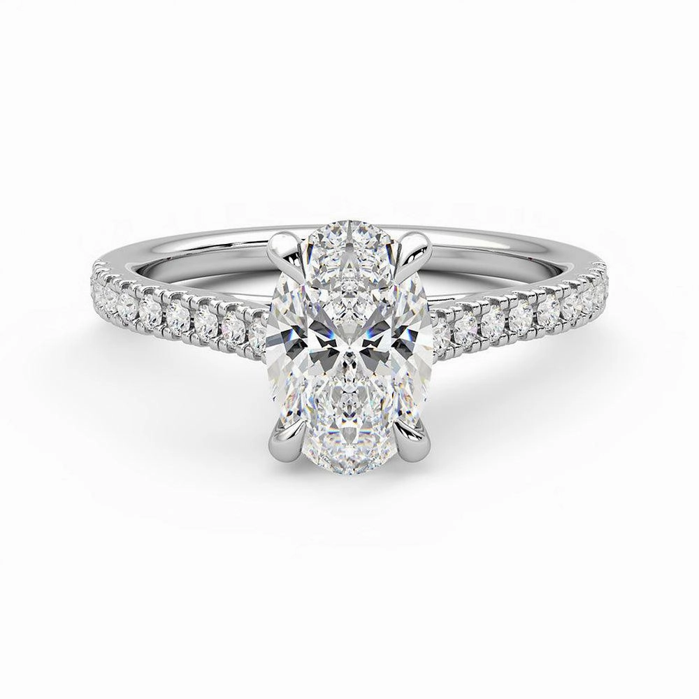 Oval Cut Moissanite Engagement Ring with Hidden Anniversary Stone and Pav?? Accents Dramatic Flare