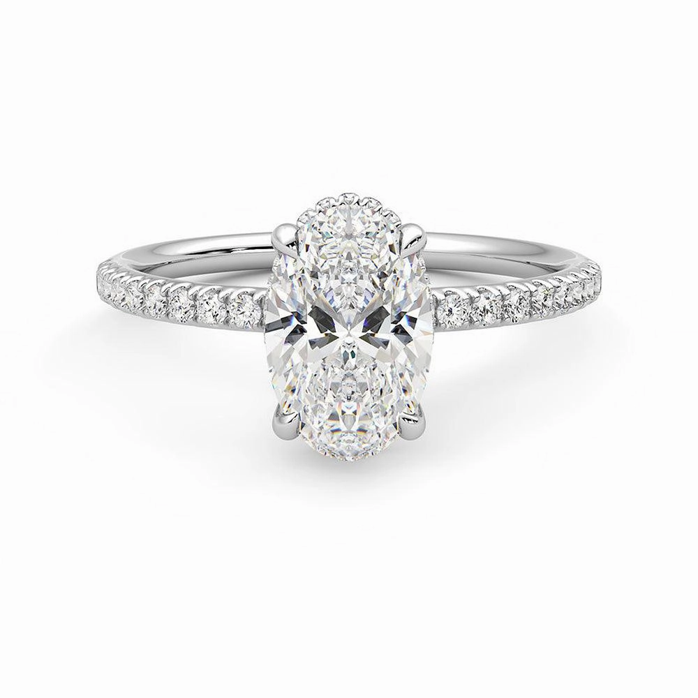 Occasion Ready Oval Cut Moissanite Engagement Ring with Hidden Halo and Anniversary Stone Accent