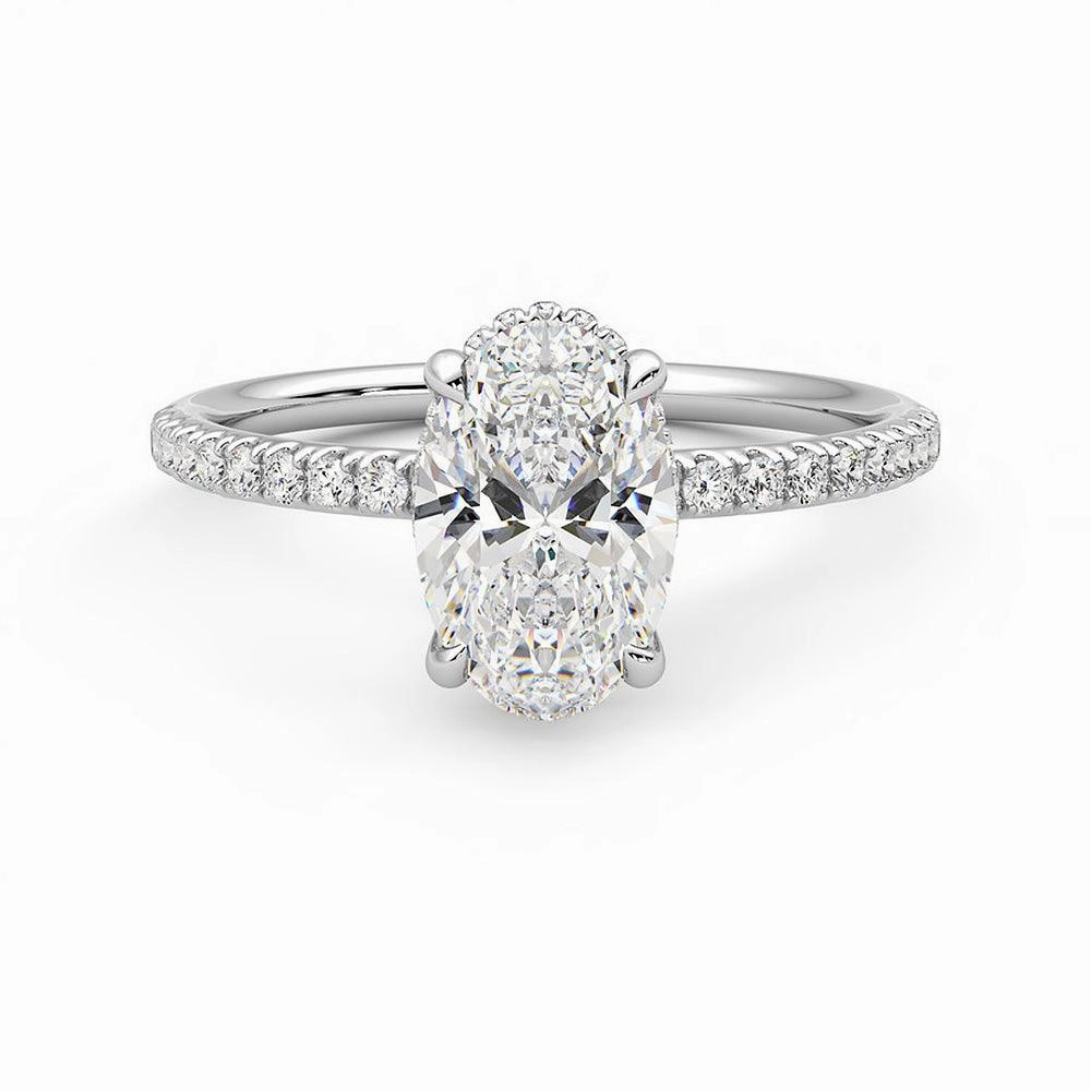 Oval Cut Moissanite Engagement Ring with Hidden Halo and Anniversary Stone Accent Eye Catcher