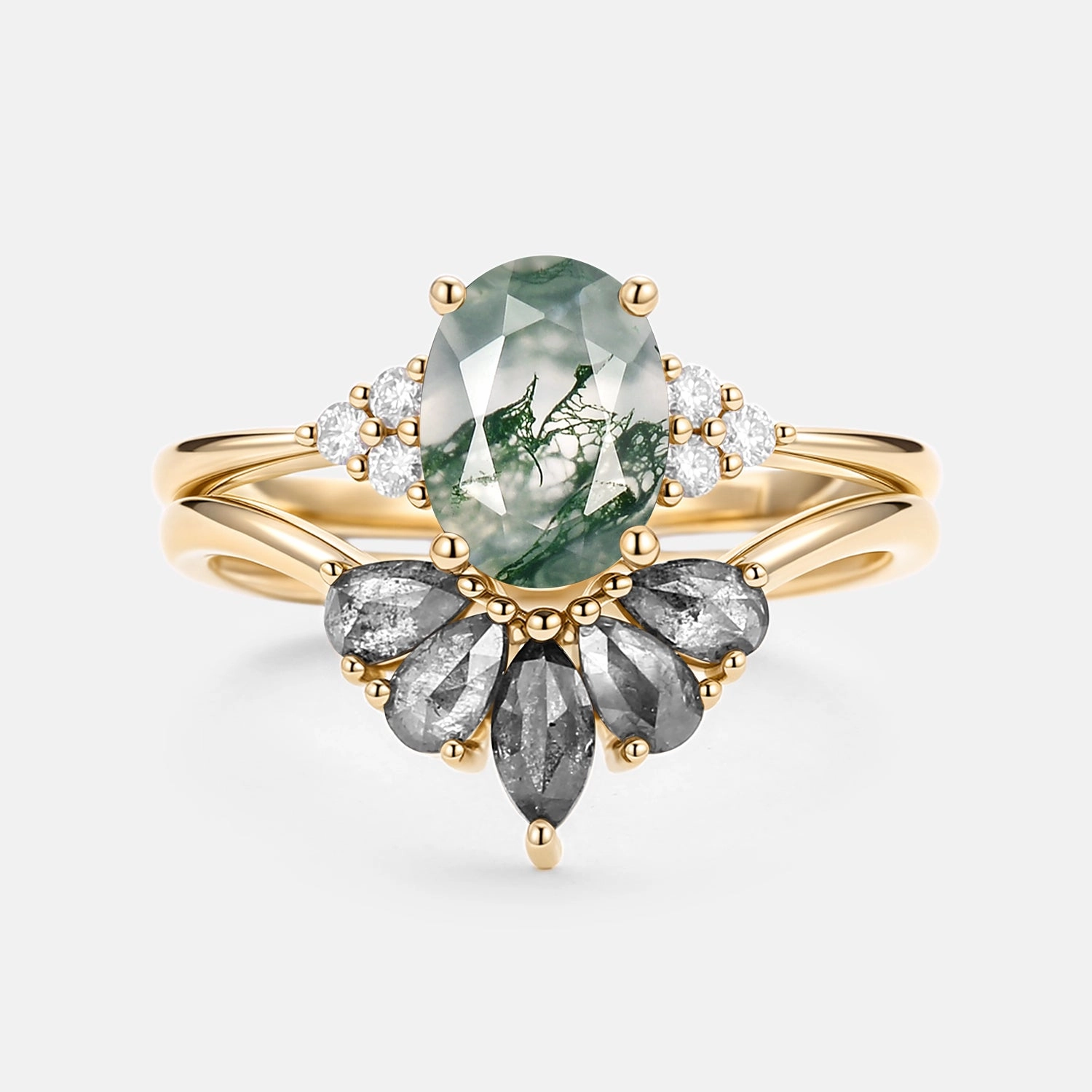 Romantic Feature Statement Fit Oval Cut Moss Agate & Salt and Pepper Diamond Ring Set 2pcs - Terra