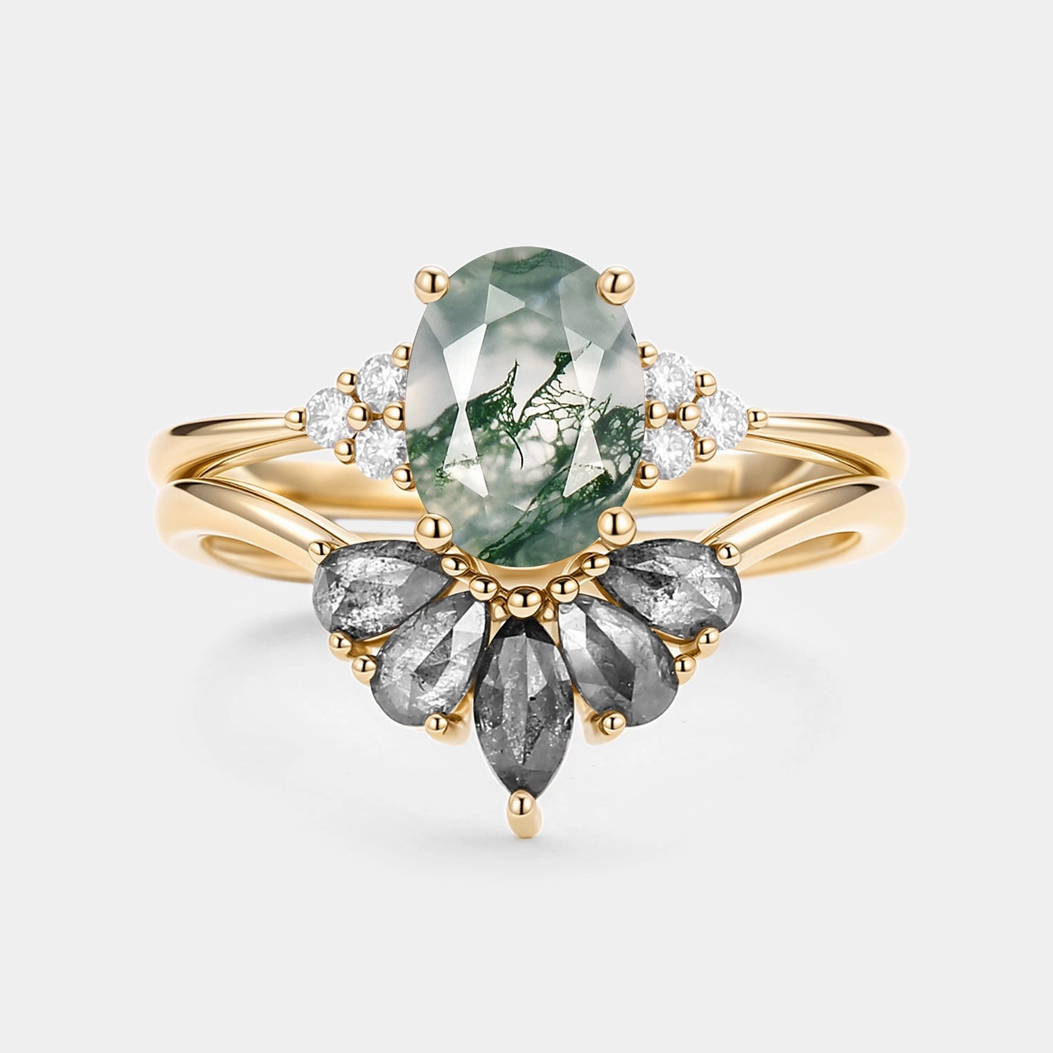 Beautiful Style Oval Cut Moss Agate & Salt and Pepper Diamond Ring Set 2pcs - Terra