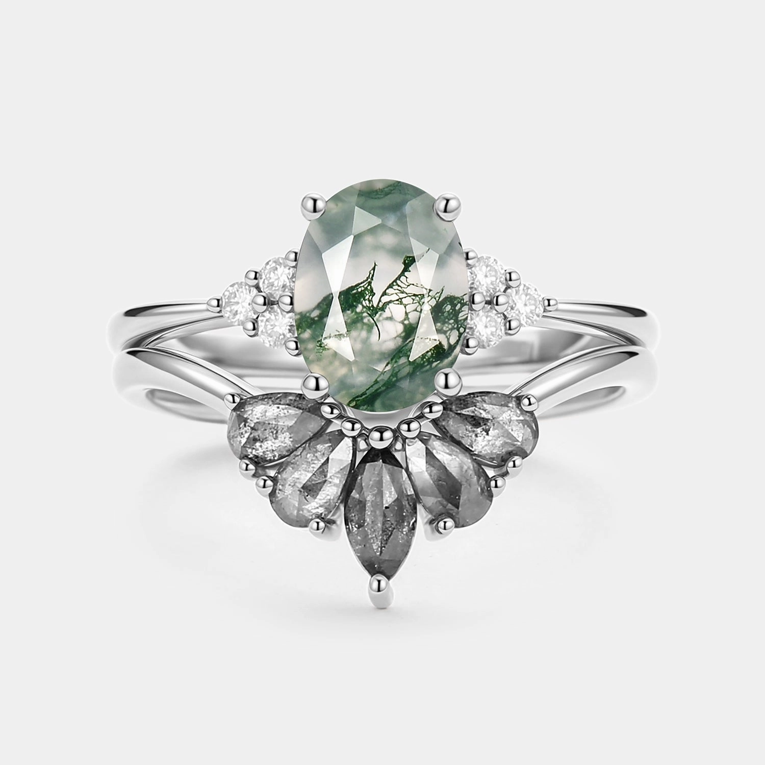 Oval Cut Moss Agate & Salt and Pepper Diamond Ring Set 2pcs - Terra Artisan Expression Ornate Emblem