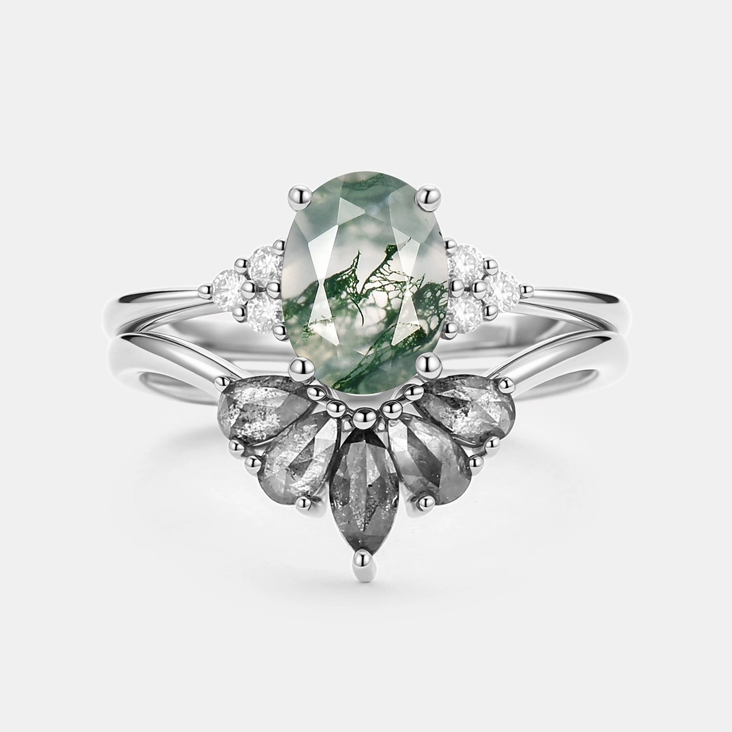 Oval Cut Moss Agate & Salt and Pepper Diamond Ring Set 2pcs - Terra Premium Feel Timeless Treasures