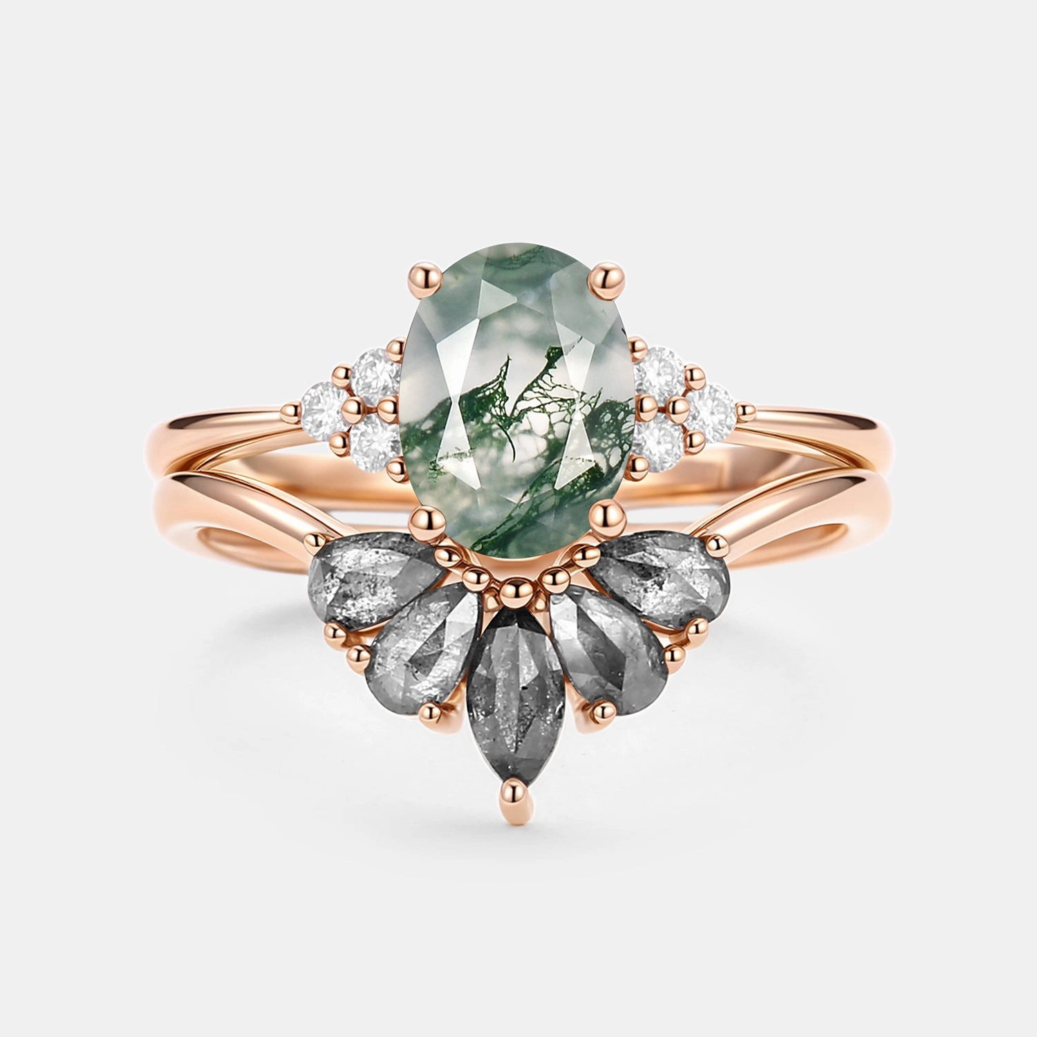 Oval Cut Moss Agate & Salt and Pepper Diamond Ring Set 2pcs - Terra Old World Sparkling Adornment