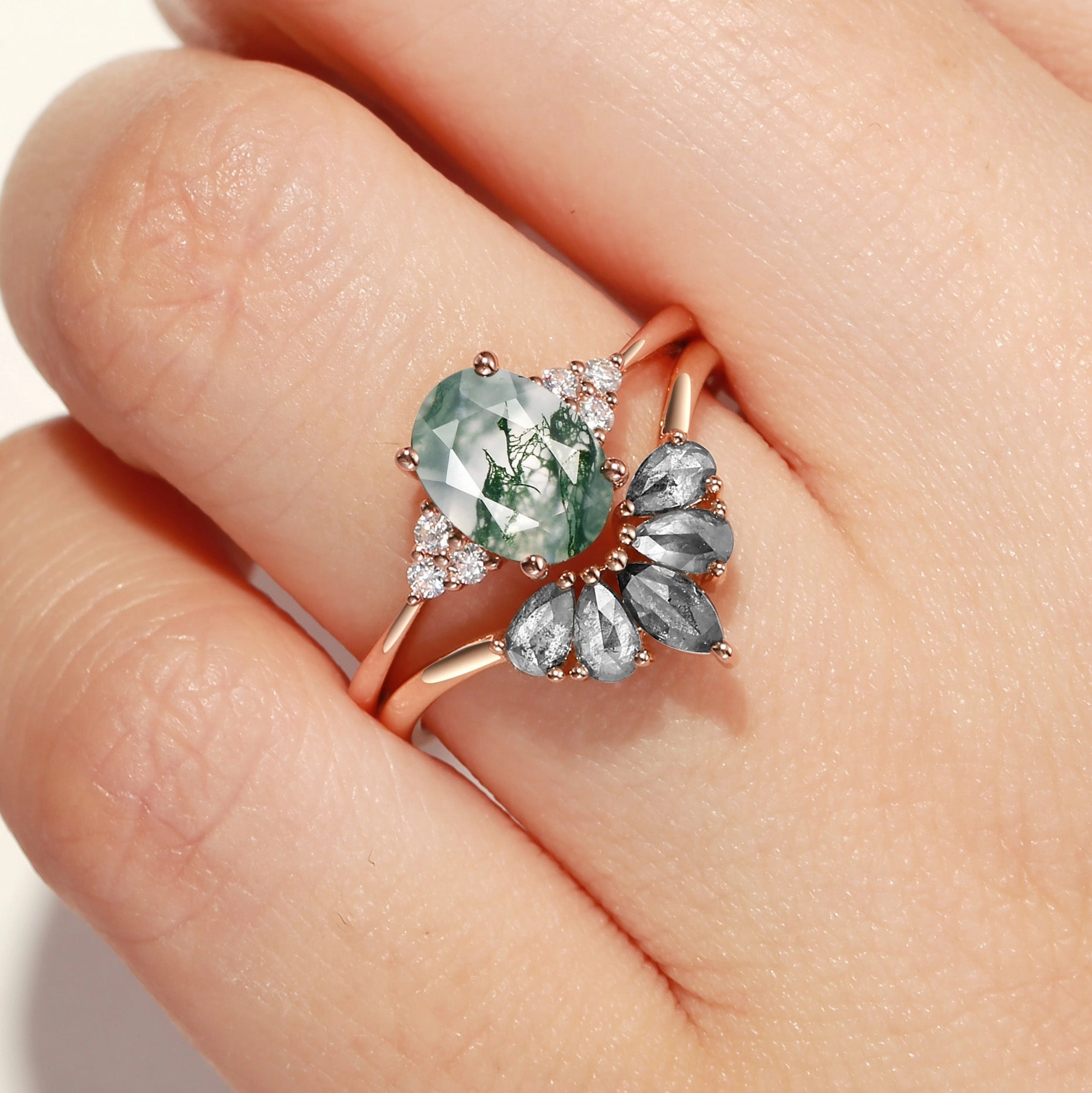 Oval Cut Moss Agate & Salt and Pepper Diamond Ring Set 2pcs - Terra Sisterhood Gift Shock Proof