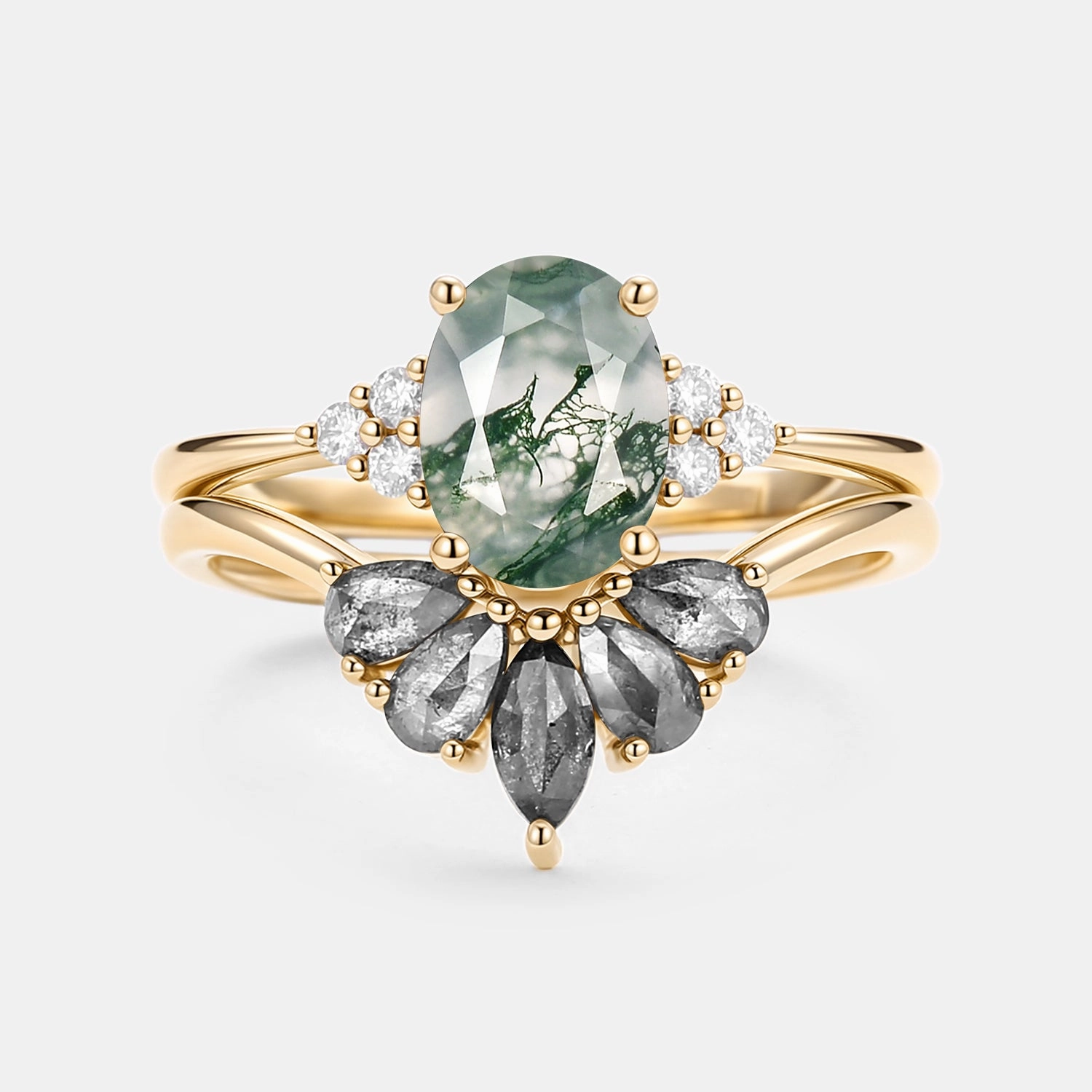 Premium Appearance Custom built Oval Cut Moss Agate & Salt and Pepper Diamond Ring Set 2pcs - Terra