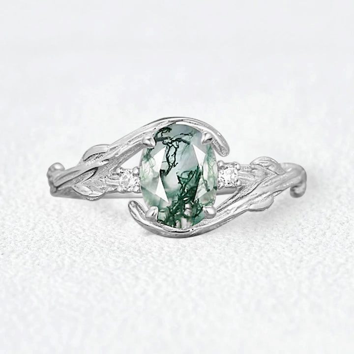 Oval Cut Moss Agate Branches Vintage Engagement Ring Bold Item Tangible Goods