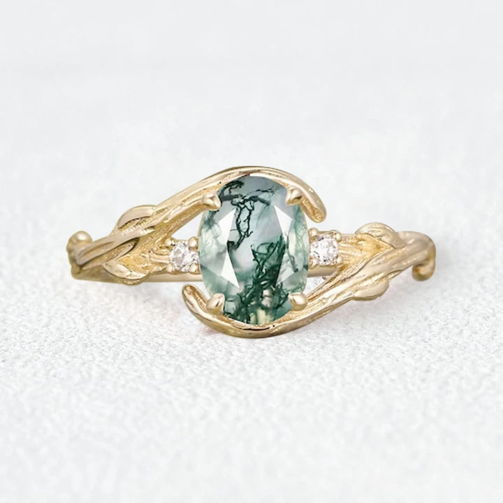 Elegant Accent Daily Texture Oval Cut Moss Agate Branches Vintage Engagement Ring
