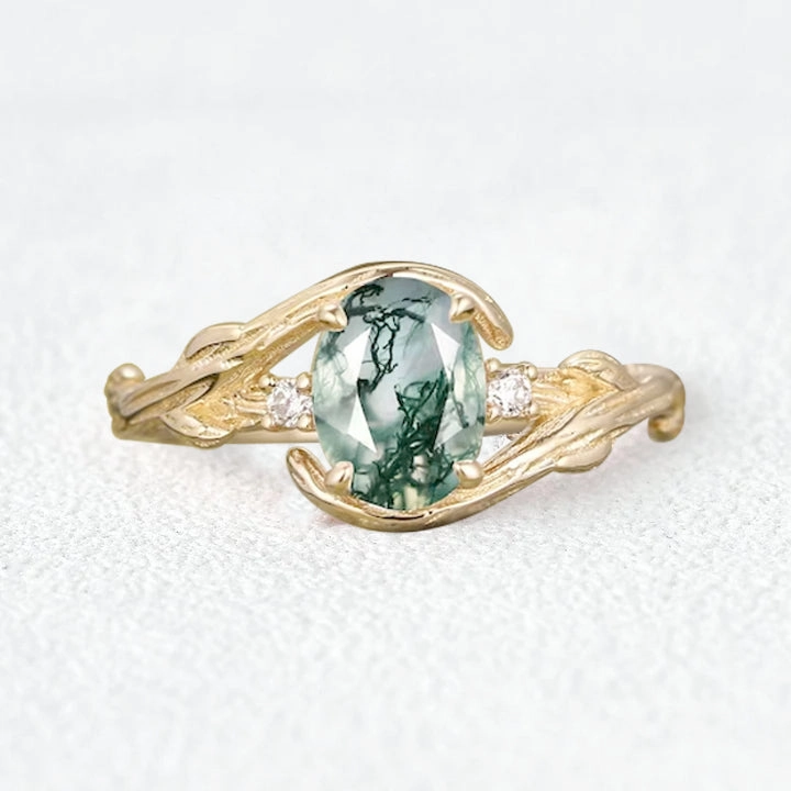 Oval Cut Moss Agate Branches Vintage Engagement Ring Trendy Charm