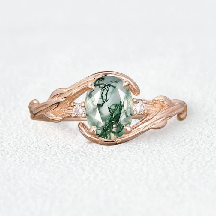 Lustrous Feature Oval Cut Moss Agate Branches Vintage Engagement Ring