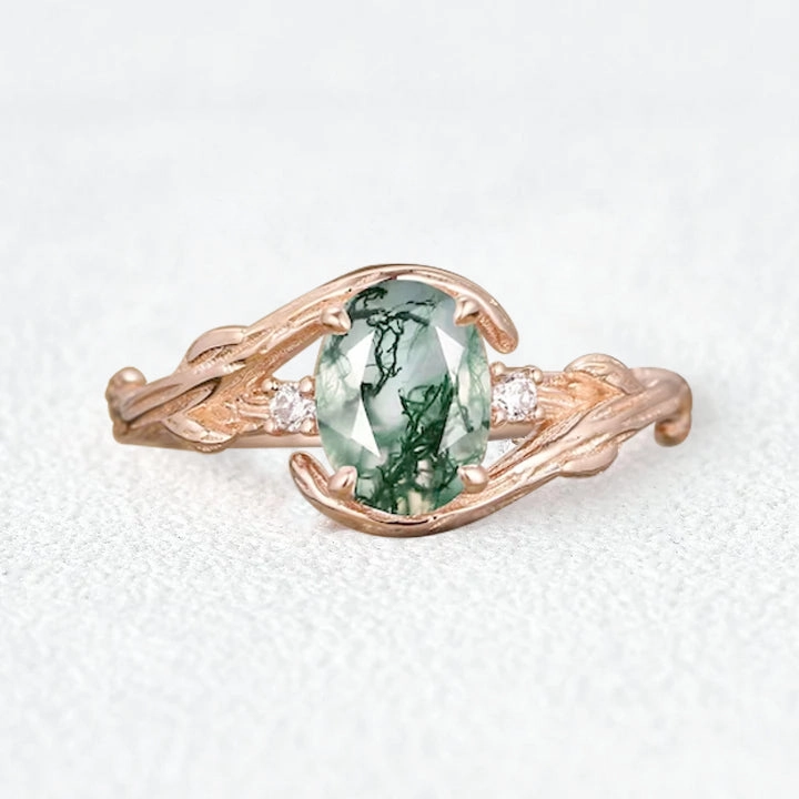 Oval Cut Moss Agate Branches Vintage Engagement Ring Street Chic Gorgeous Finish