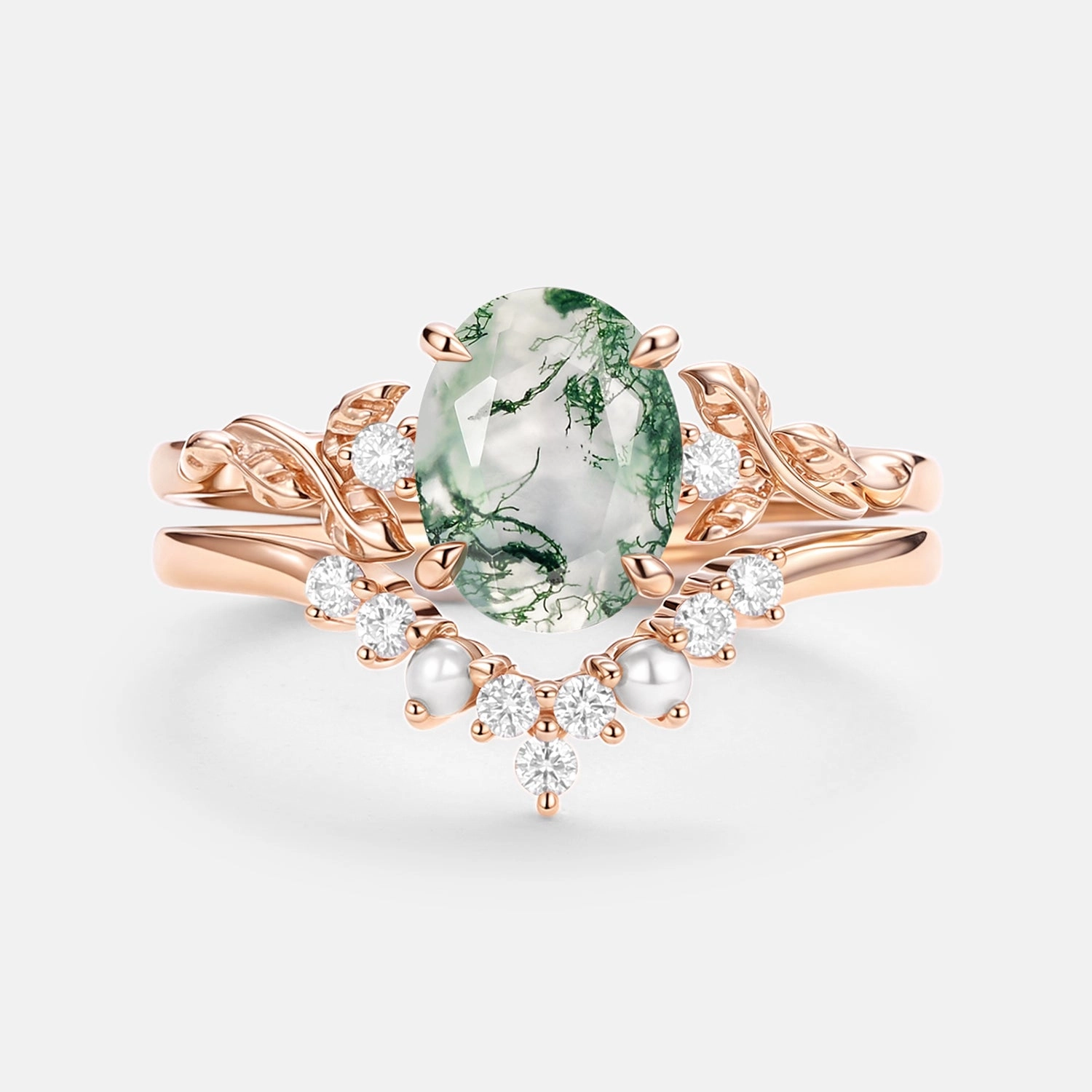 Low Key Essential Accessory Oval Cut Moss Agate Leafy Gold Ring Set 2pcs - Clover