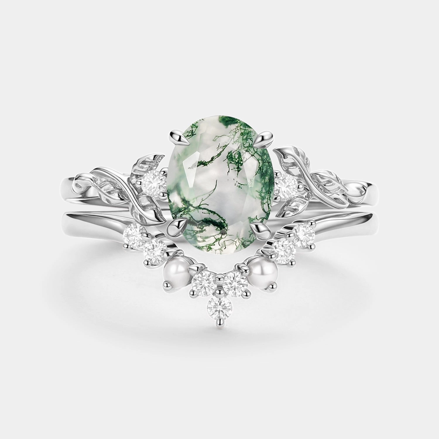 Soft Lighting Oval Cut Moss Agate Leafy Gold Ring Set 2pcs - Clover