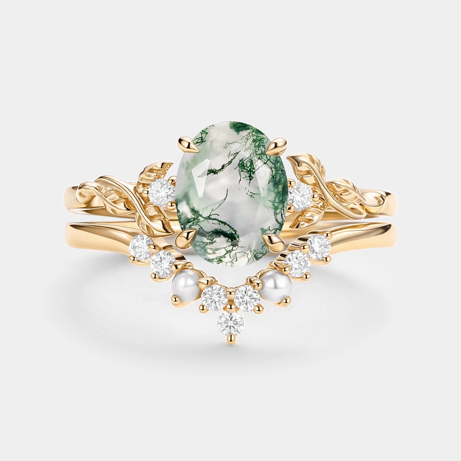 Oval Cut Moss Agate Leafy Gold Ring Set 2pcs - Clover Lightweight product Laminated Layer