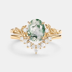 Gleaming Gem Oval Cut Moss Agate Leafy Gold Ring Set 2pcs - Clover
