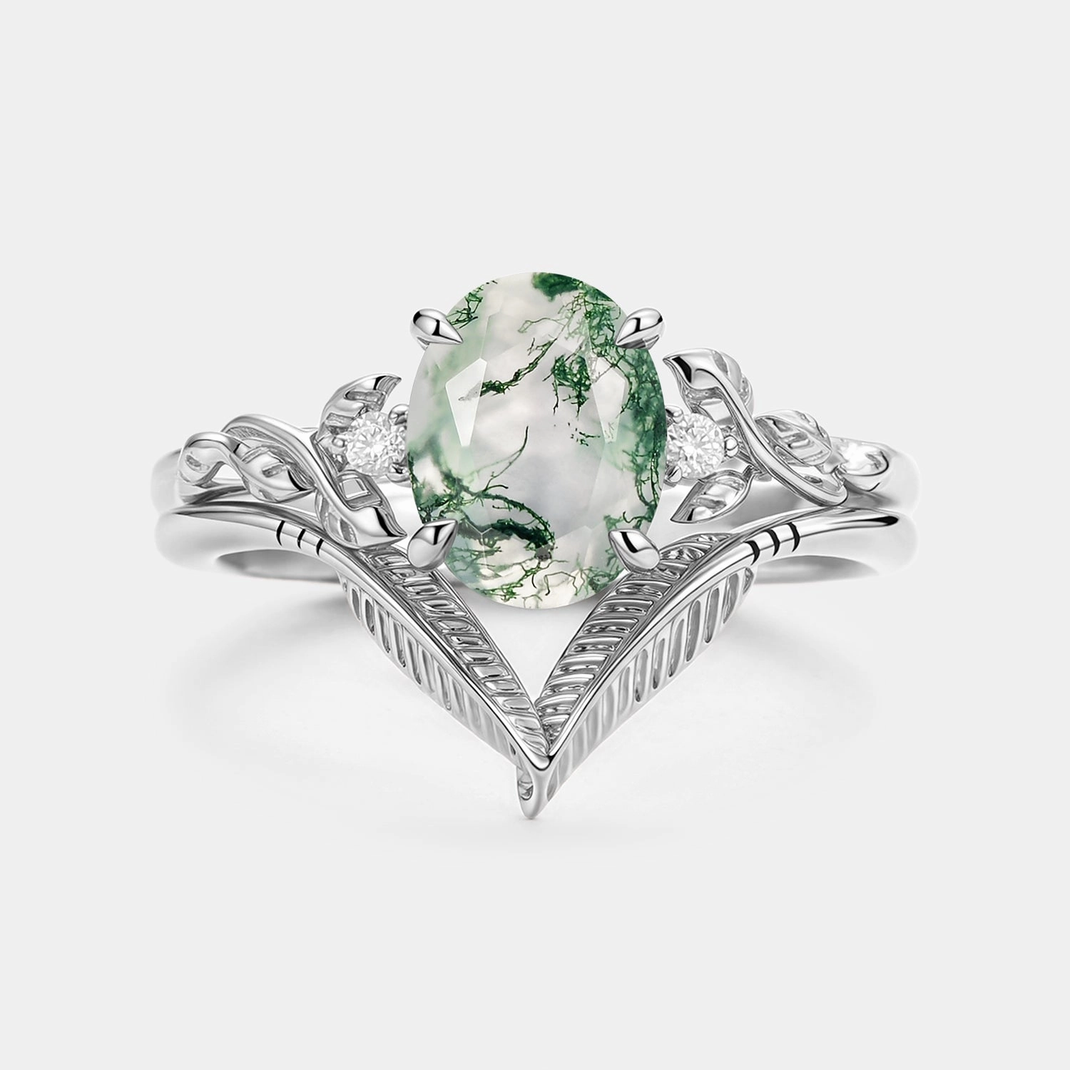 Fashionable Ornament Balanced Detail Oval Cut Moss Agate Leafy Gold Ring Set 2pcs - Juniper