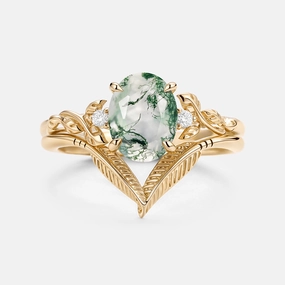 Oval Cut Moss Agate Leafy Gold Ring Set 2pcs - Juniper Smart Casual