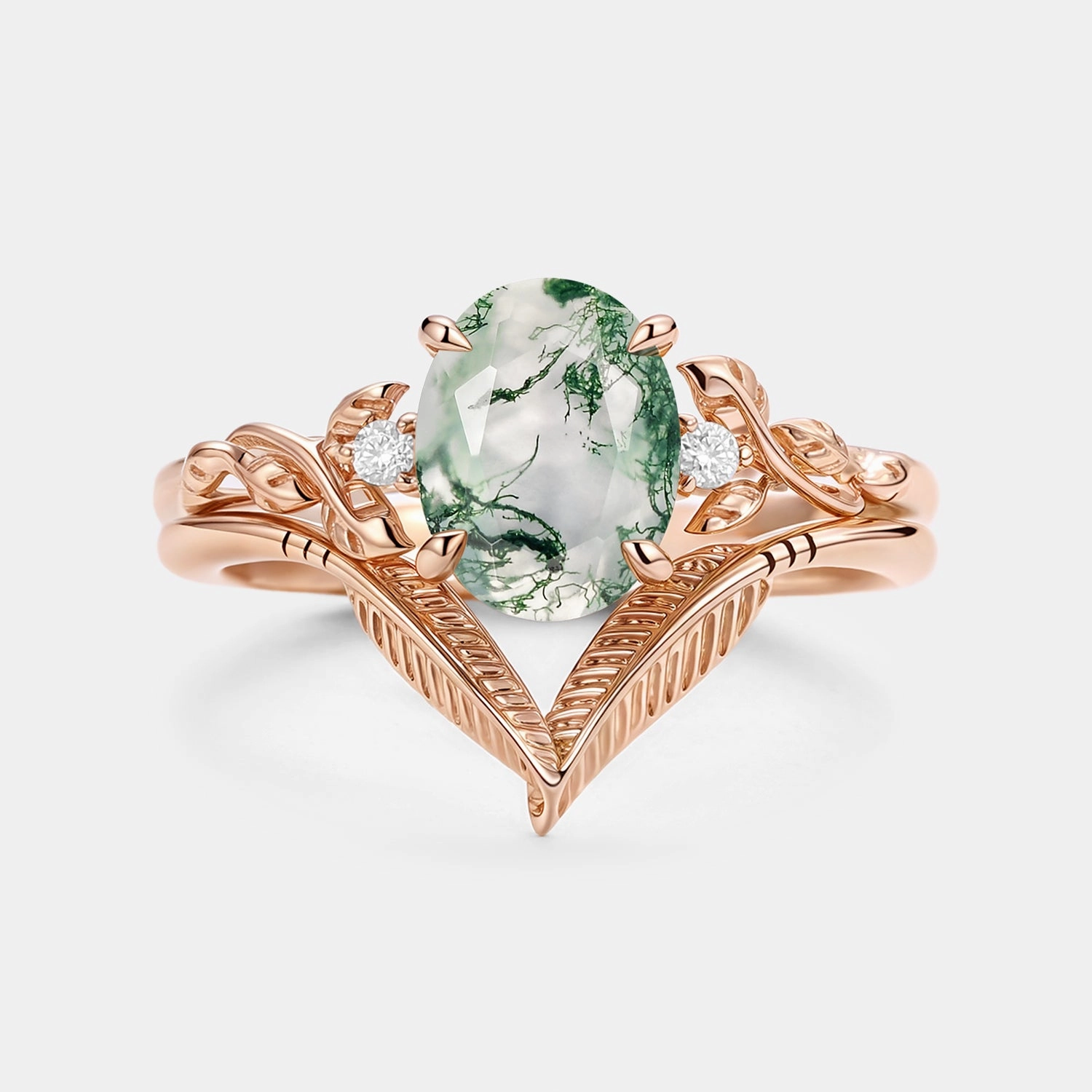 Oval Cut Moss Agate Leafy Gold Ring Set 2pcs - Juniper Classic Gift