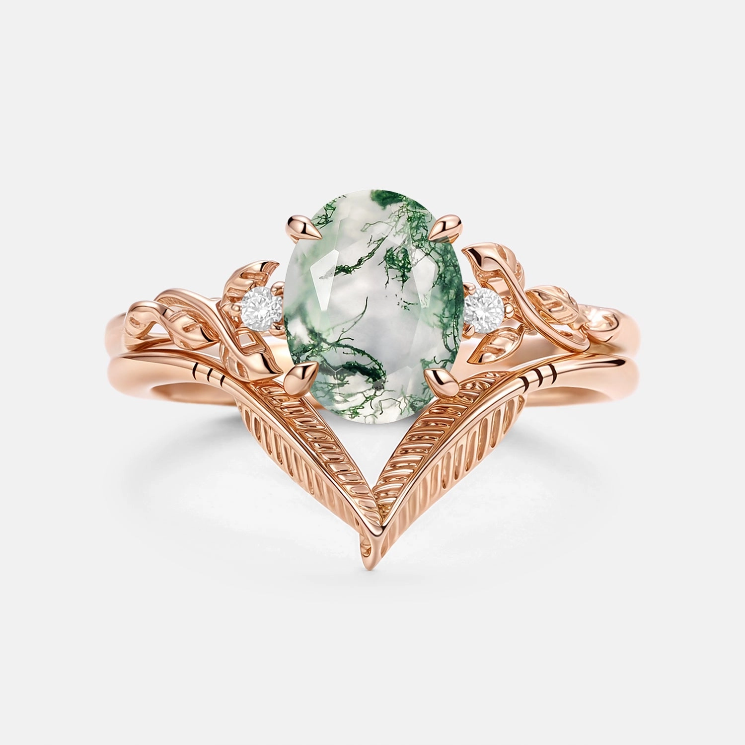 Modern Mood Oval Cut Moss Agate Leafy Gold Ring Set 2pcs - Juniper